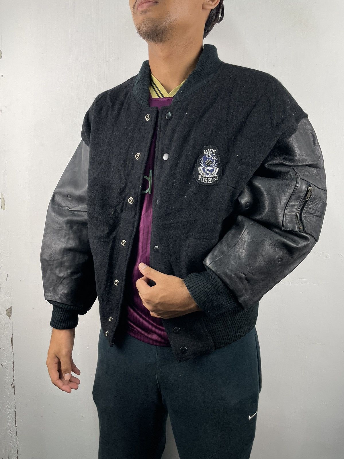 image of Vintage Navy Military Varsity Leather Jacket Baggy For Her in Black, Women's (Size Medium)