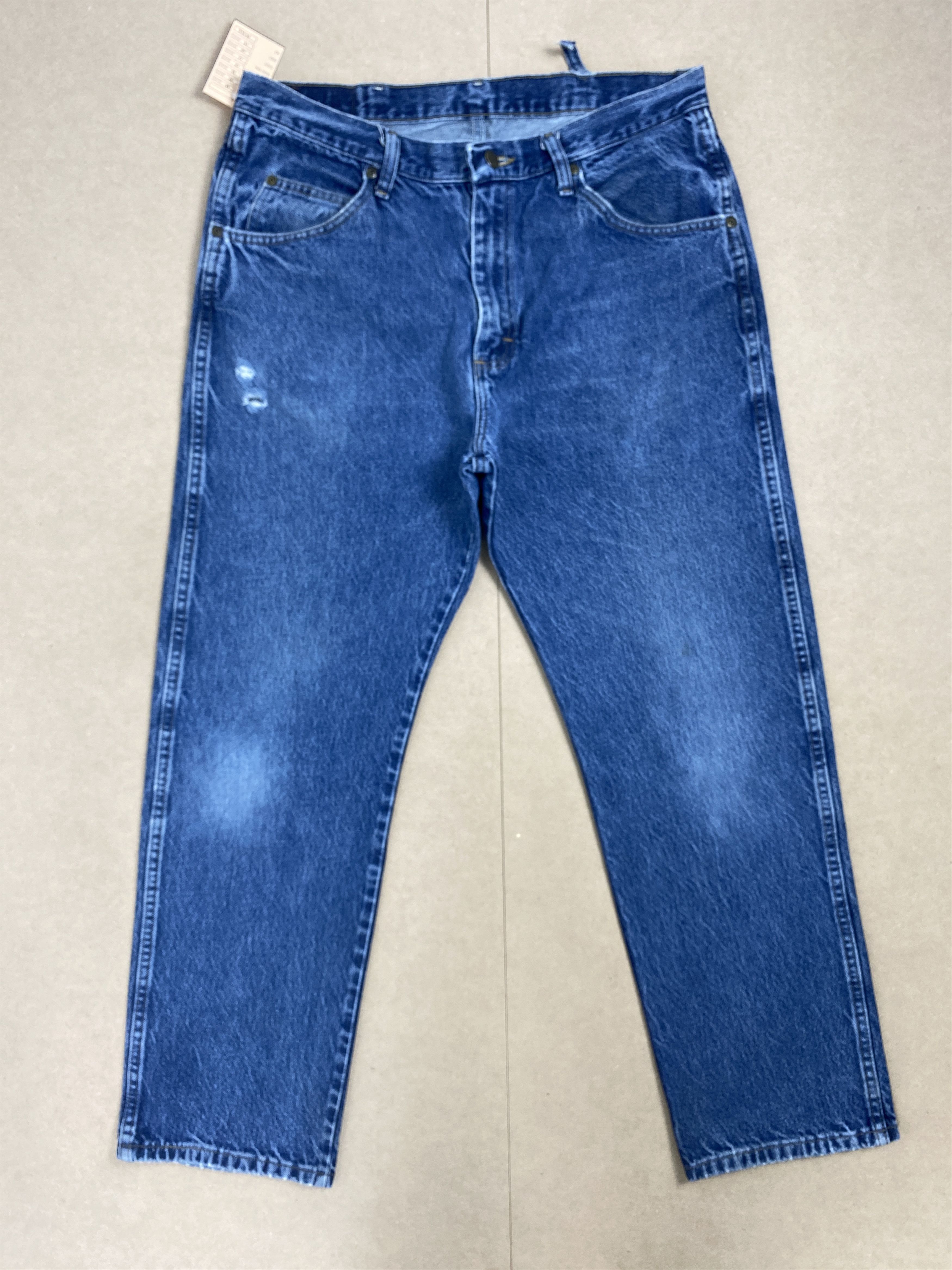 image of Vintage Wrangler Straight Cut Distressed Faded Blue Jeans in Blue Denim, Men's (Size 35)