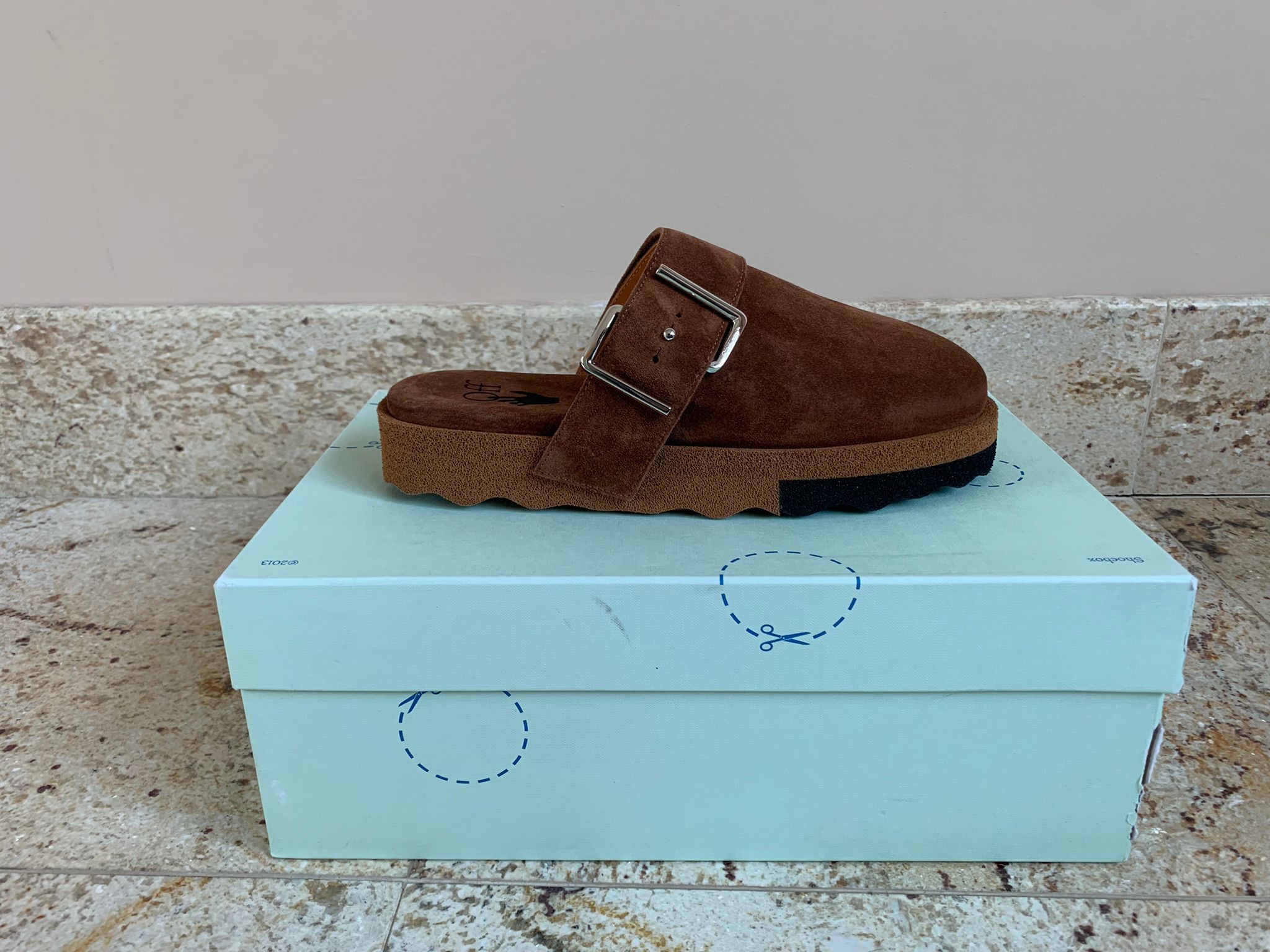 image of Off White Comfort Leather Slipper In Brown Black in Black Brown, Men's (Size 8)