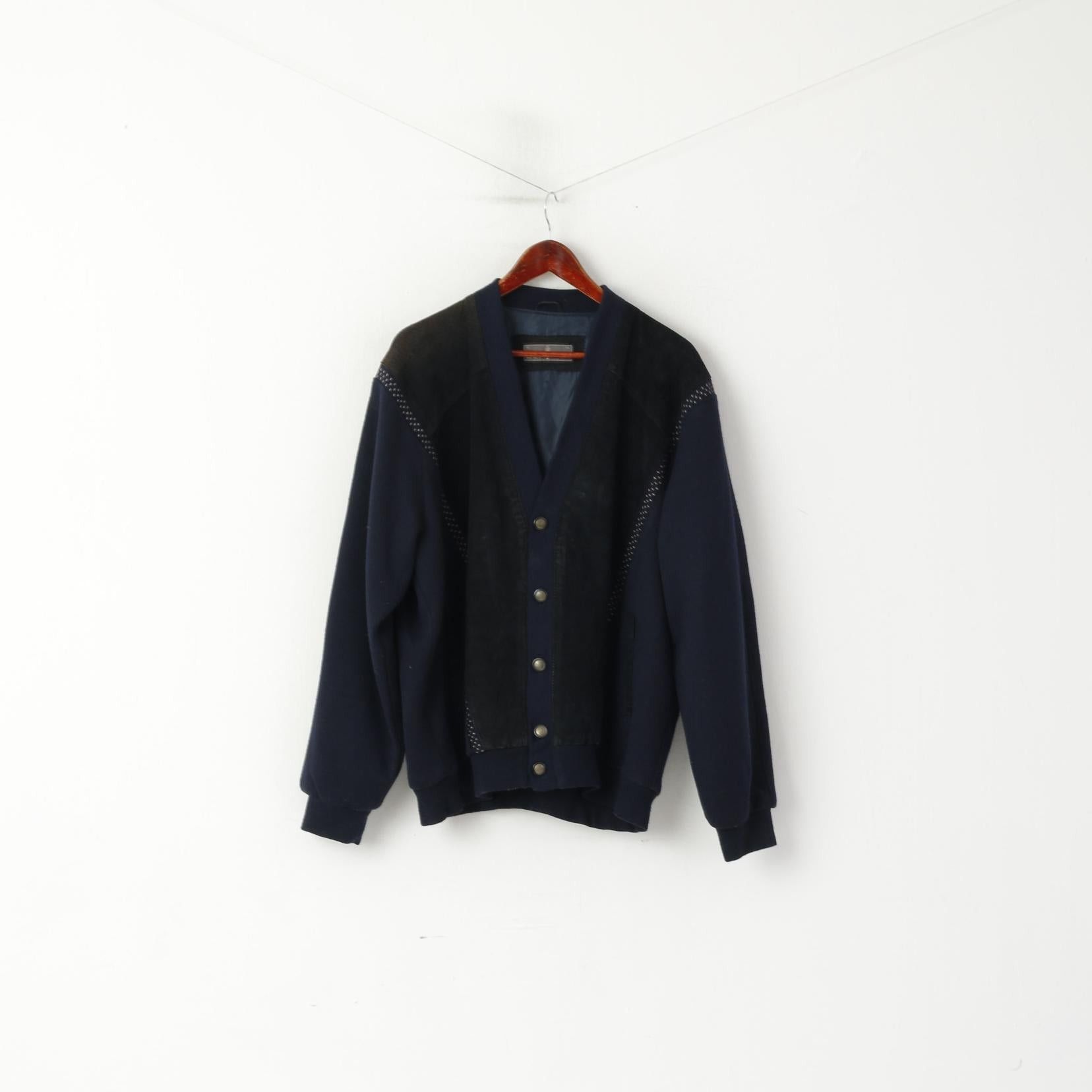 Vintage Elkjaer Men 54 XL Button Front Cardigan Navy Leather 3147 Size US XL / EU 56 / 4 - 1 Thumbnail