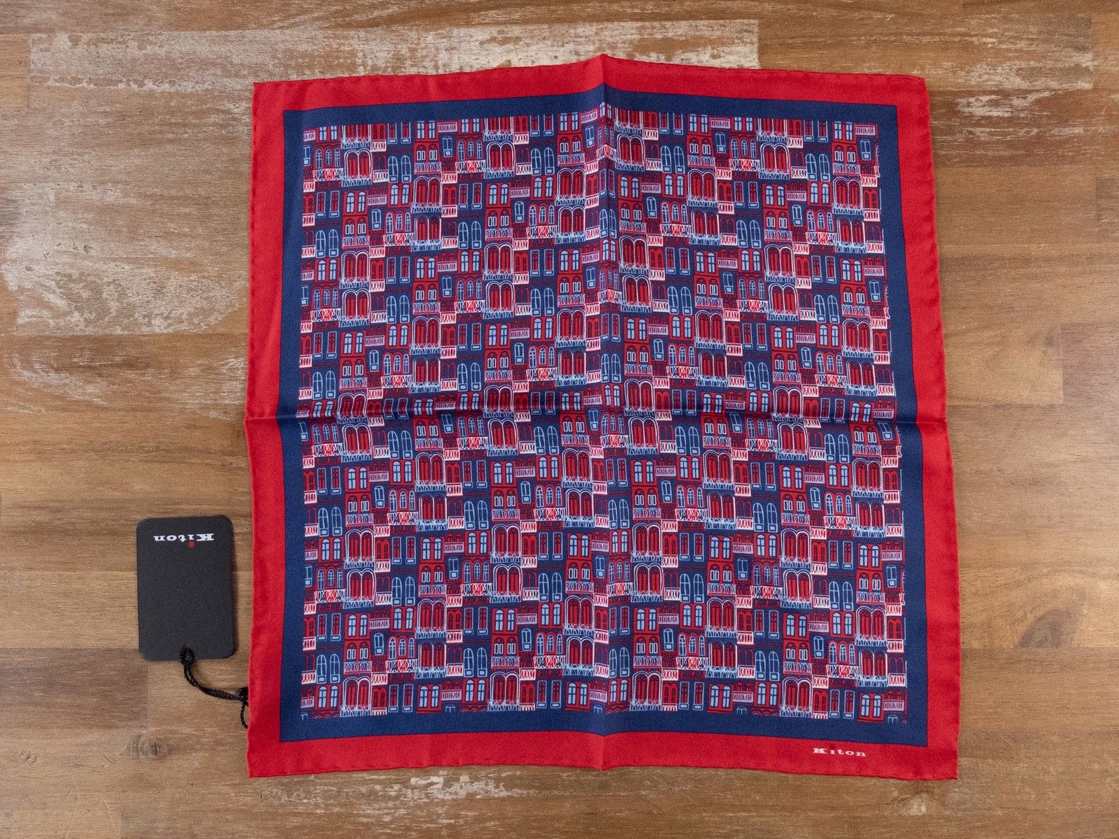 Kiton KITON red building motif silk pocket square authentic - NWT | Grailed