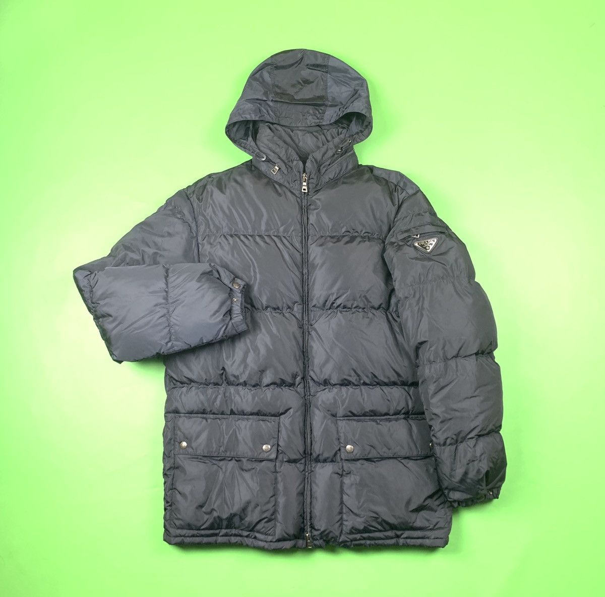 image of Prada Milano Metal Logo Nylon Down Coat Parka Jacket in Navy, Men's (Size Medium)