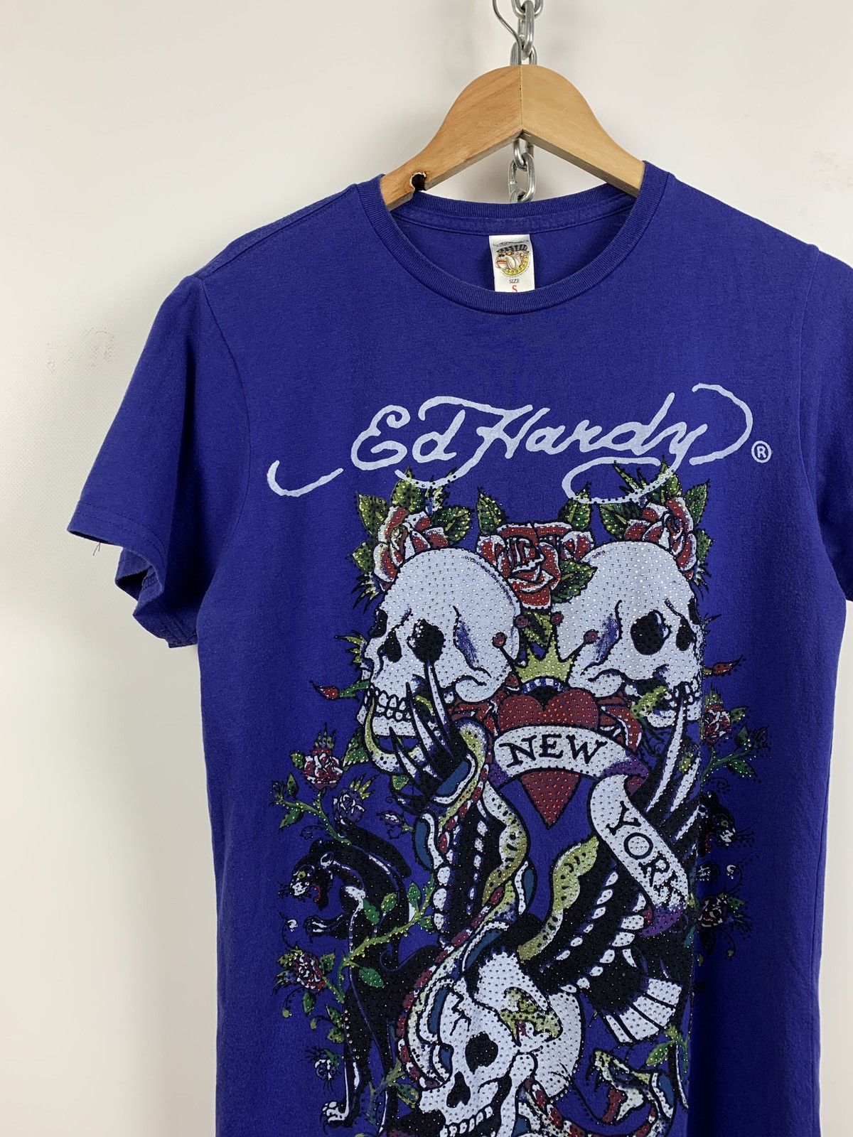 Christian Audigier Vintage Ed Hardy Rhinestones Y2K New York City Blue T-Shirt Size US S / EU 44-46 / 1 - 3 Thumbnail