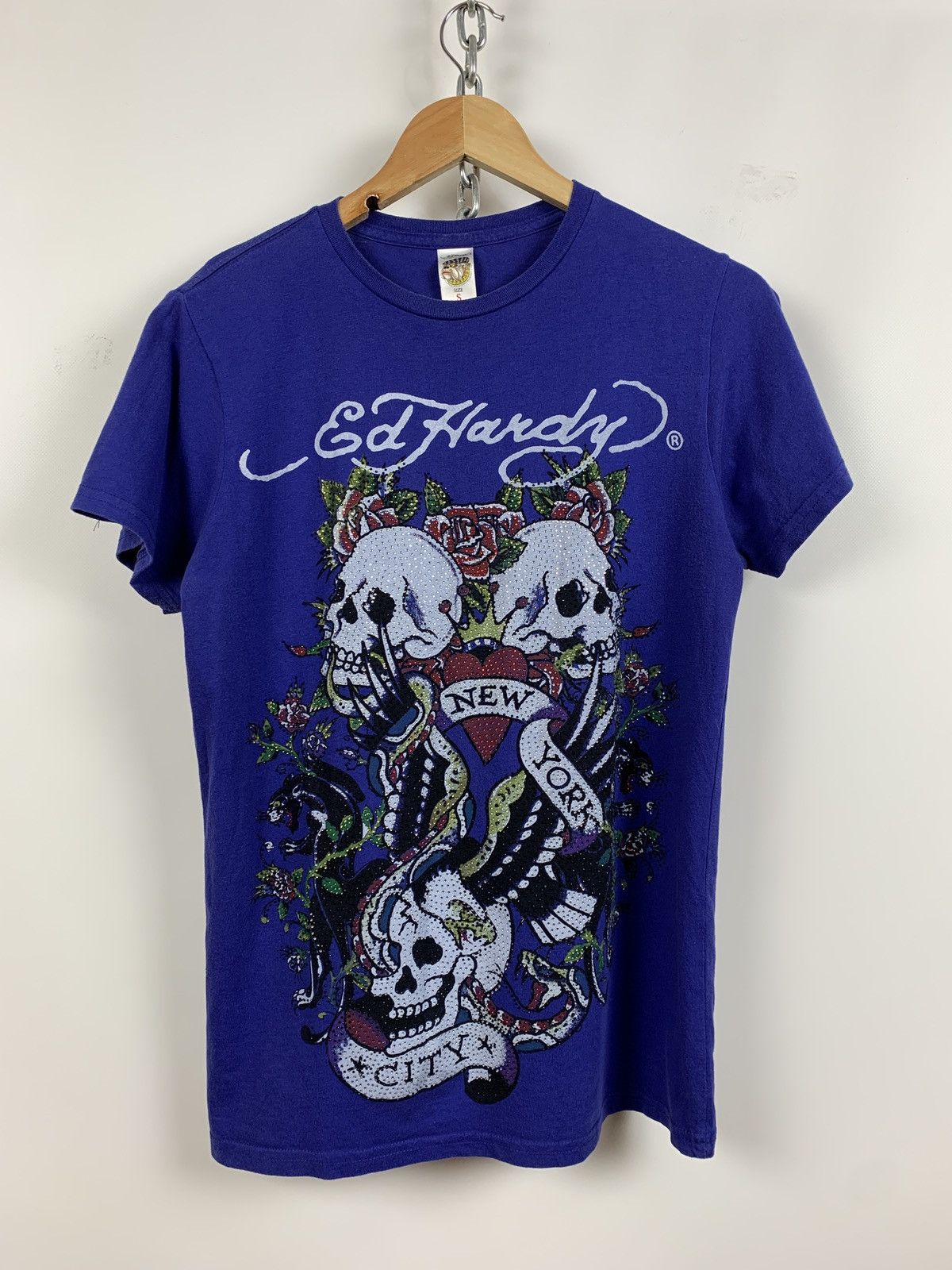 Christian Audigier Vintage Ed Hardy Rhinestones Y2K New York City Blue T-Shirt Size US S / EU 44-46 / 1 - 1 Thumbnail