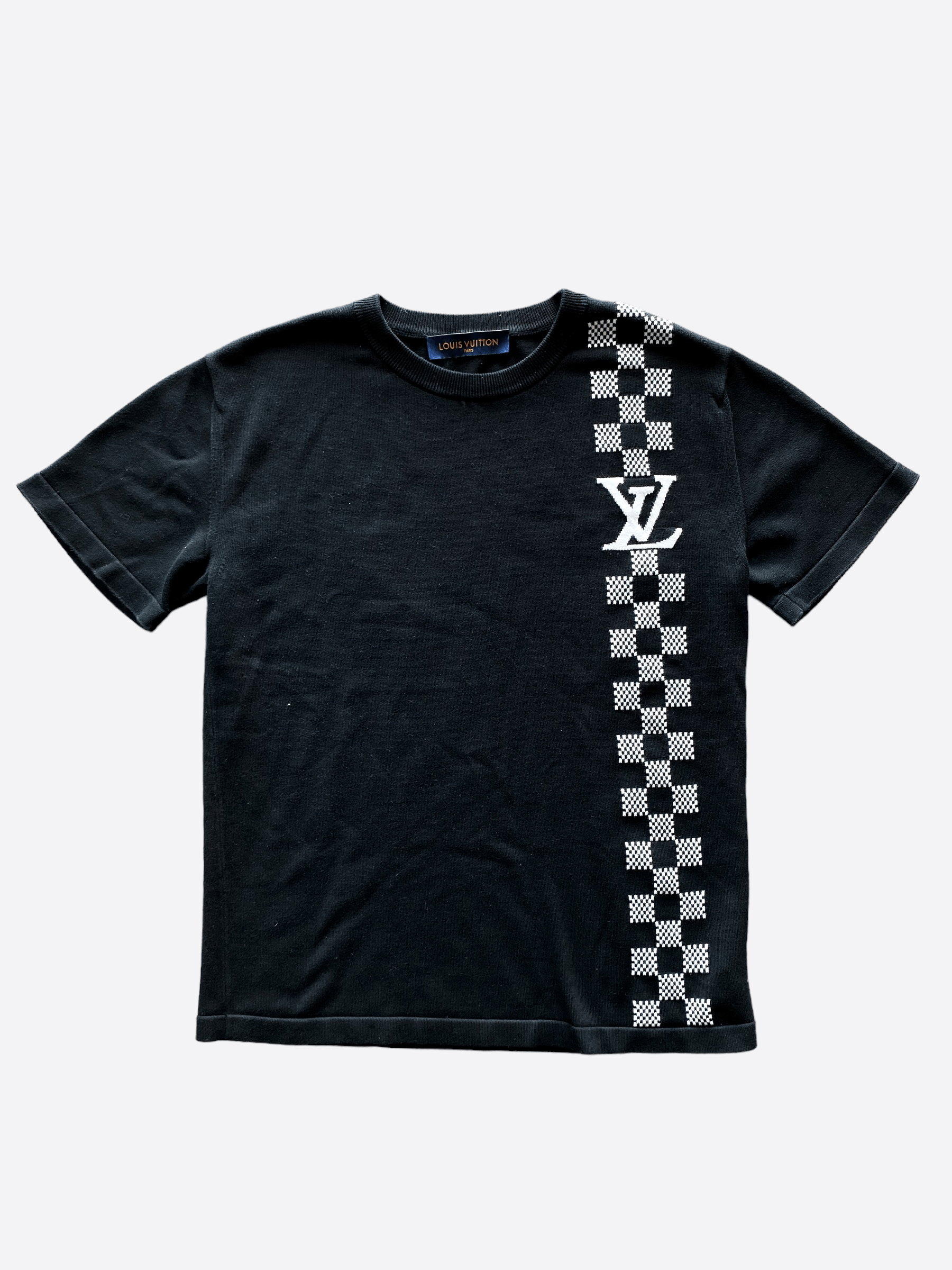 image of Louis Vuitton Black Intarsia Checkered Logo Tee, Men's (Size Medium)