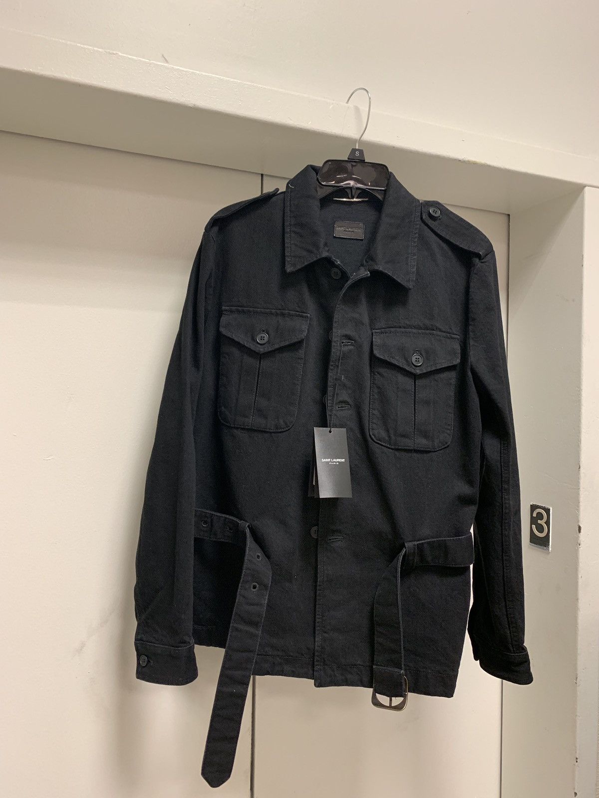 image of Saint Laurent Paris Black Multi Pocket Outerwear With Belt, Men's (Size Small)