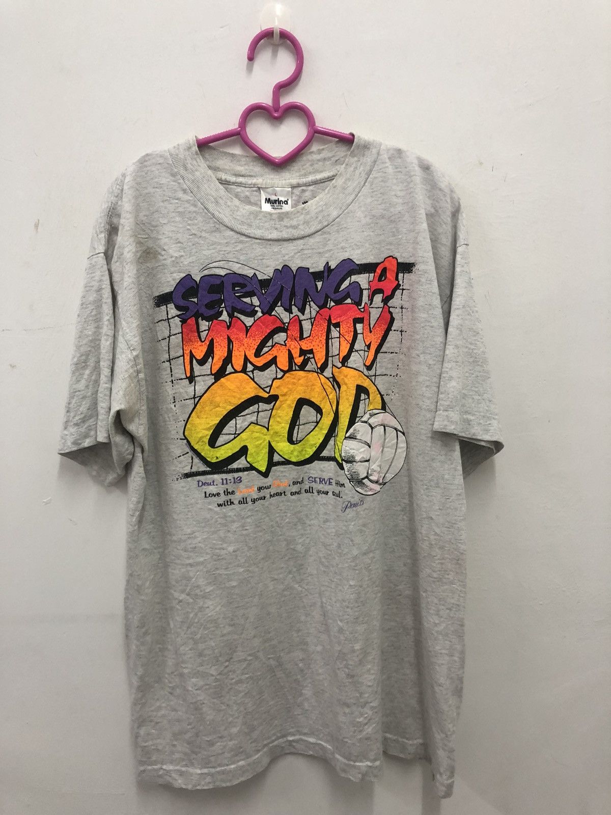 image of Made In USA x Rap Tees Vintage Serving A Mighty God Deut 11:13 Praise T’S Shirt in Grey (Size Large