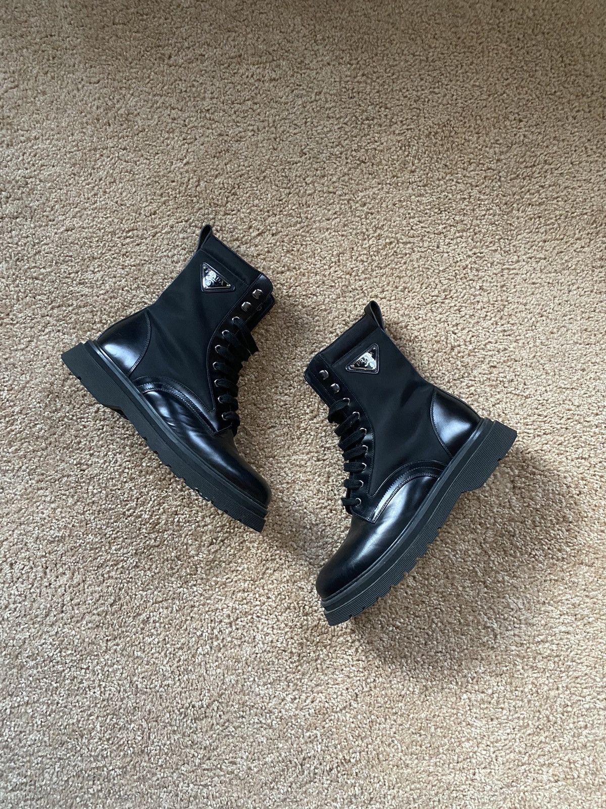 Pre-owned Prada Brushed Leather And Nylon Combat Boots In Black