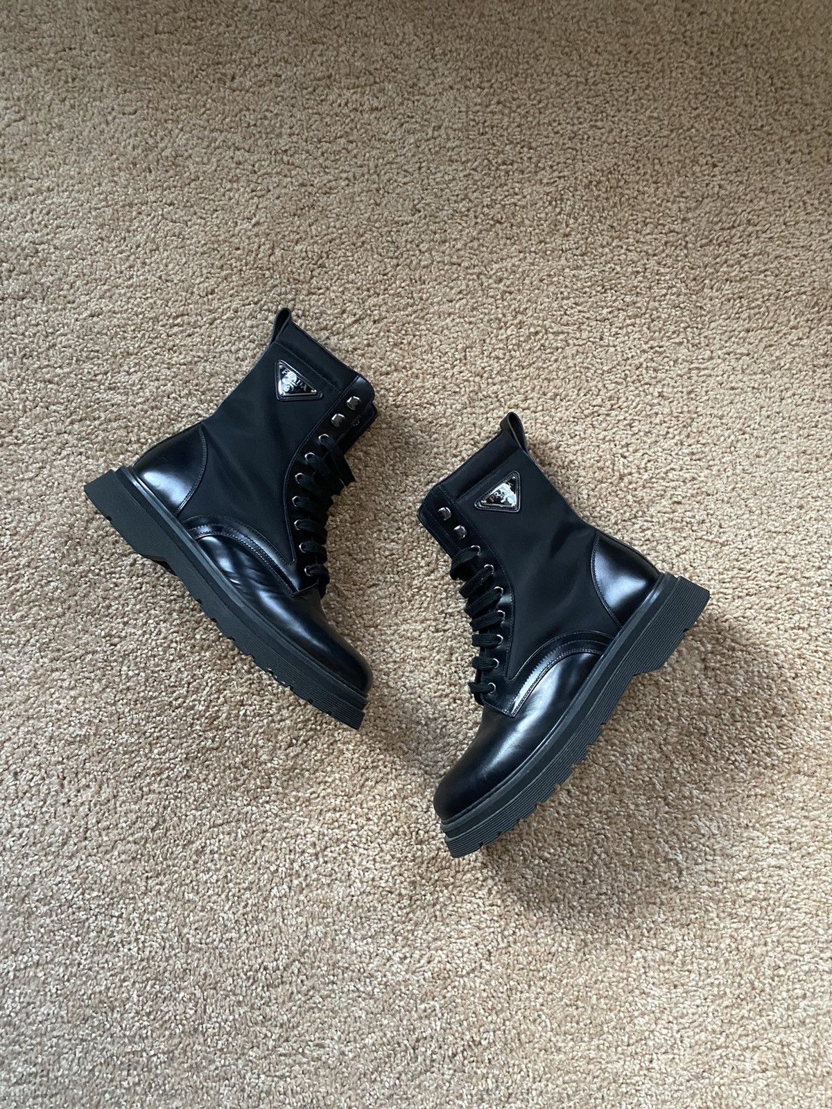 image of Prada Brushed Leather And Nylon Combat Boots in Black, Men's (Size 9)