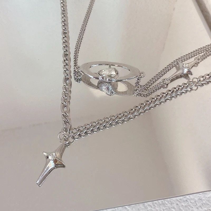 Jewelry Double Layer Cross Heart Crystal Pendant Necklace Size ONE SIZE - 3 Thumbnail