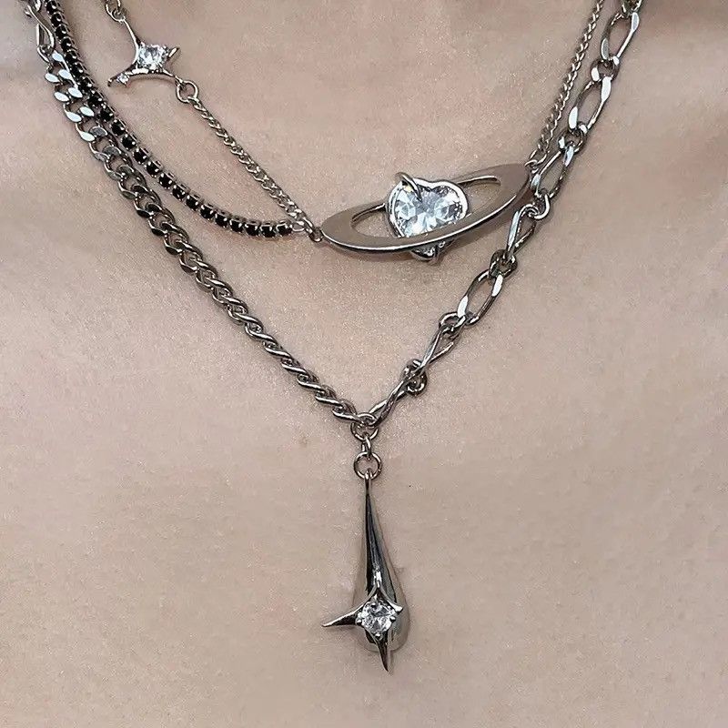 Jewelry Double Layer Cross Heart Crystal Pendant Necklace Size ONE SIZE - 1 Thumbnail