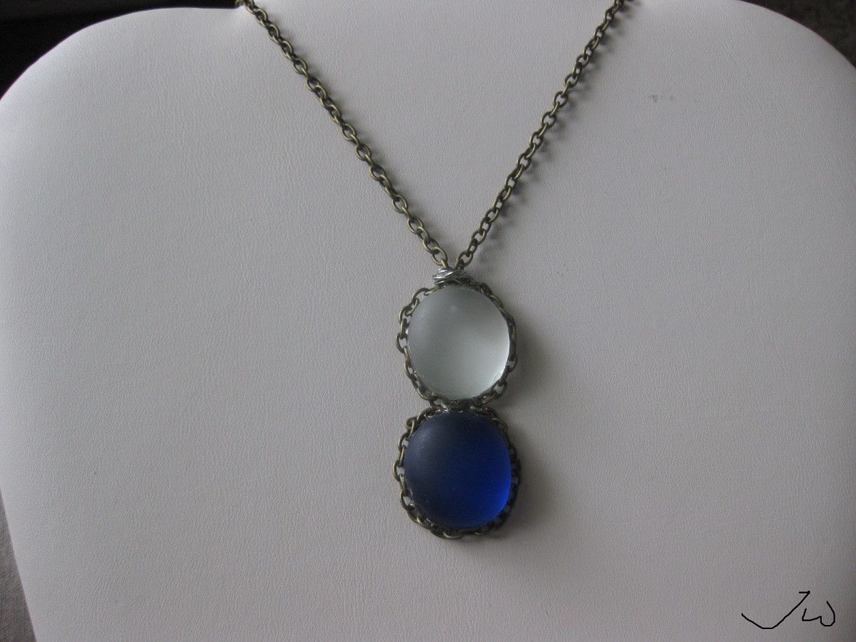 Handmade White and Blue Glass Bronze Necklace Size ONE SIZE - 1 Thumbnail
