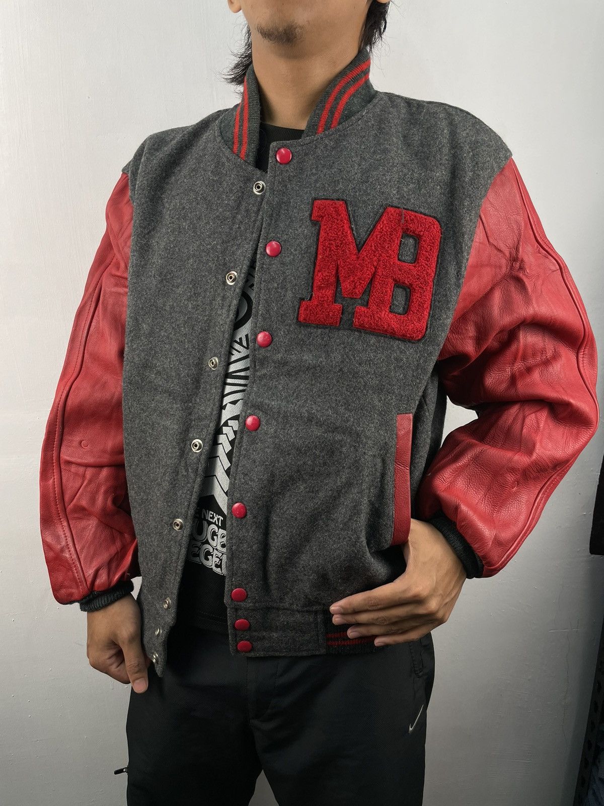 image of Vintage Macbeth Leather Varsity Jacket Big Logo in Red, Men's (Size Large)