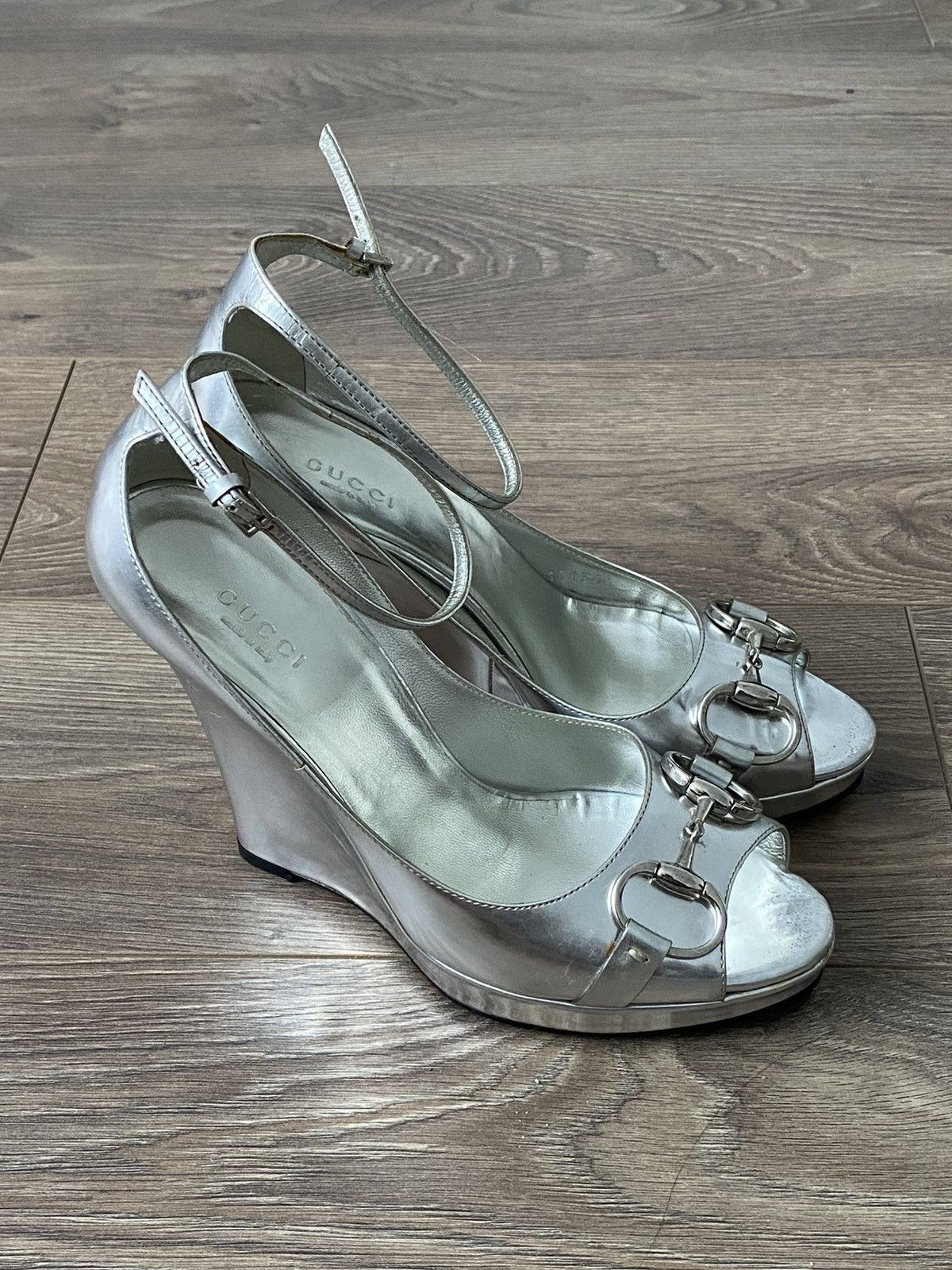 image of Gucci Silver Metallic Horsebit Buckle Peep Toe Wedged Sandals, Women's (Size 7)