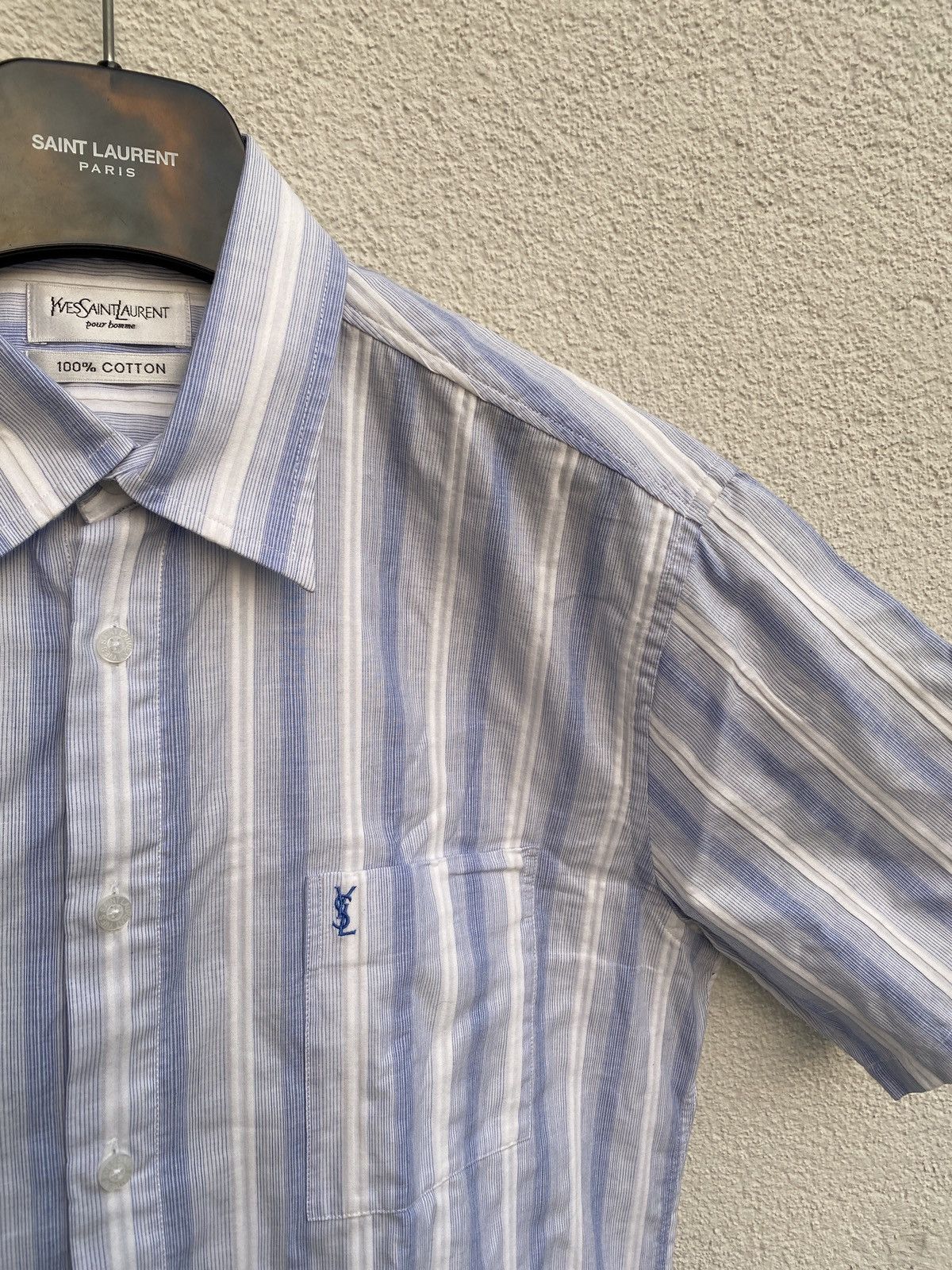 image of Vintage x YVES Saint Laurent Striped YSL Shirt Summer in Blue, Men's (Size Large)