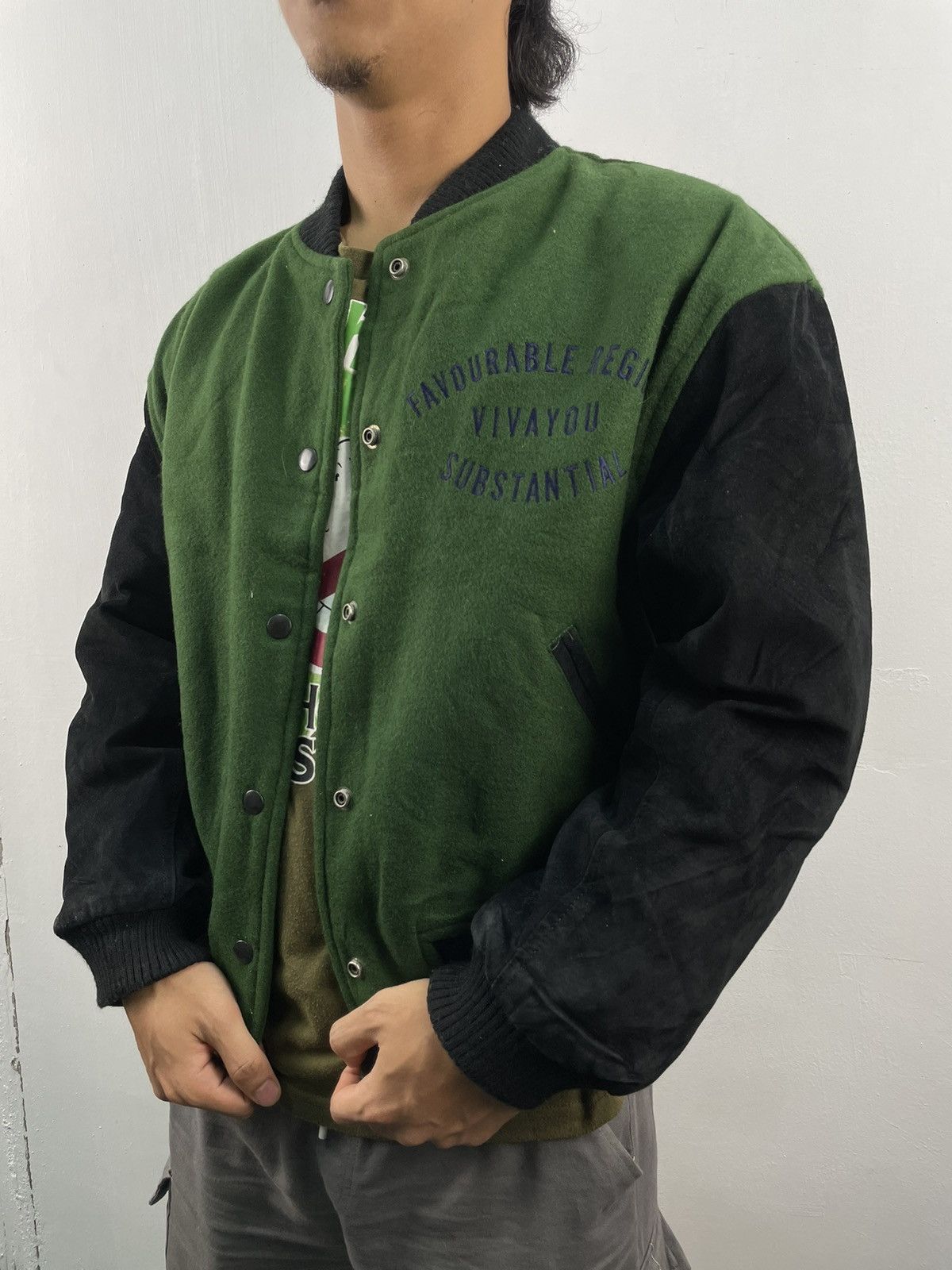 image of Vintage 80's Vivayou Varsity Jacket Big Logo Spellout in Green, Men's (Size Medium)