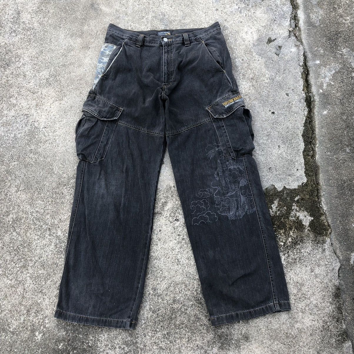 image of Distressed Denim x Drunkn Munky Mural Distress Tactical Cargo Denim Pants in Black, Men's (Size 34)