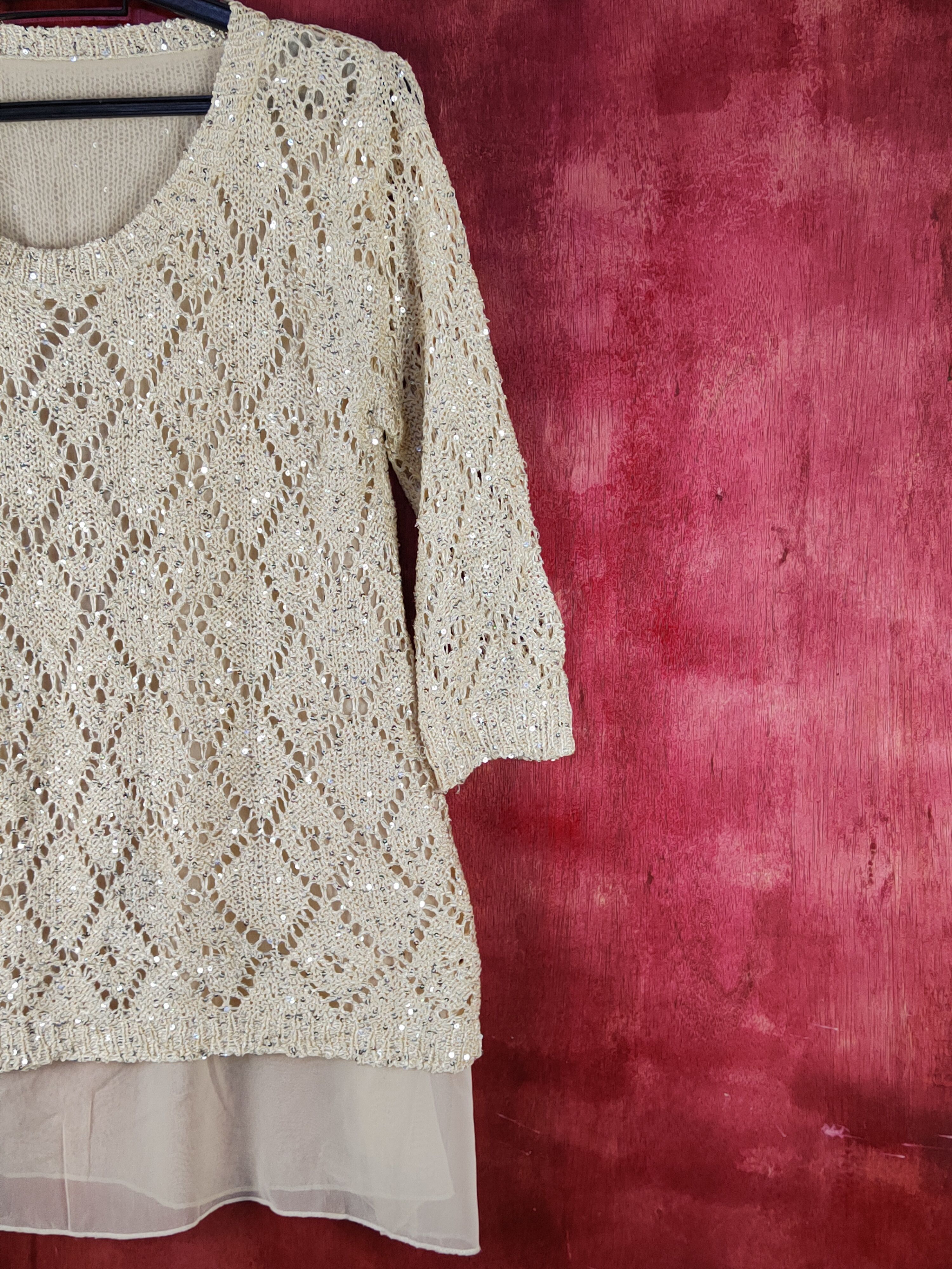 Homespun Knitwear Japanese Brand Cream Crochet Meshnet Knit Blouses #S1010 Size S / US 4 / IT 40 - 4 Thumbnail