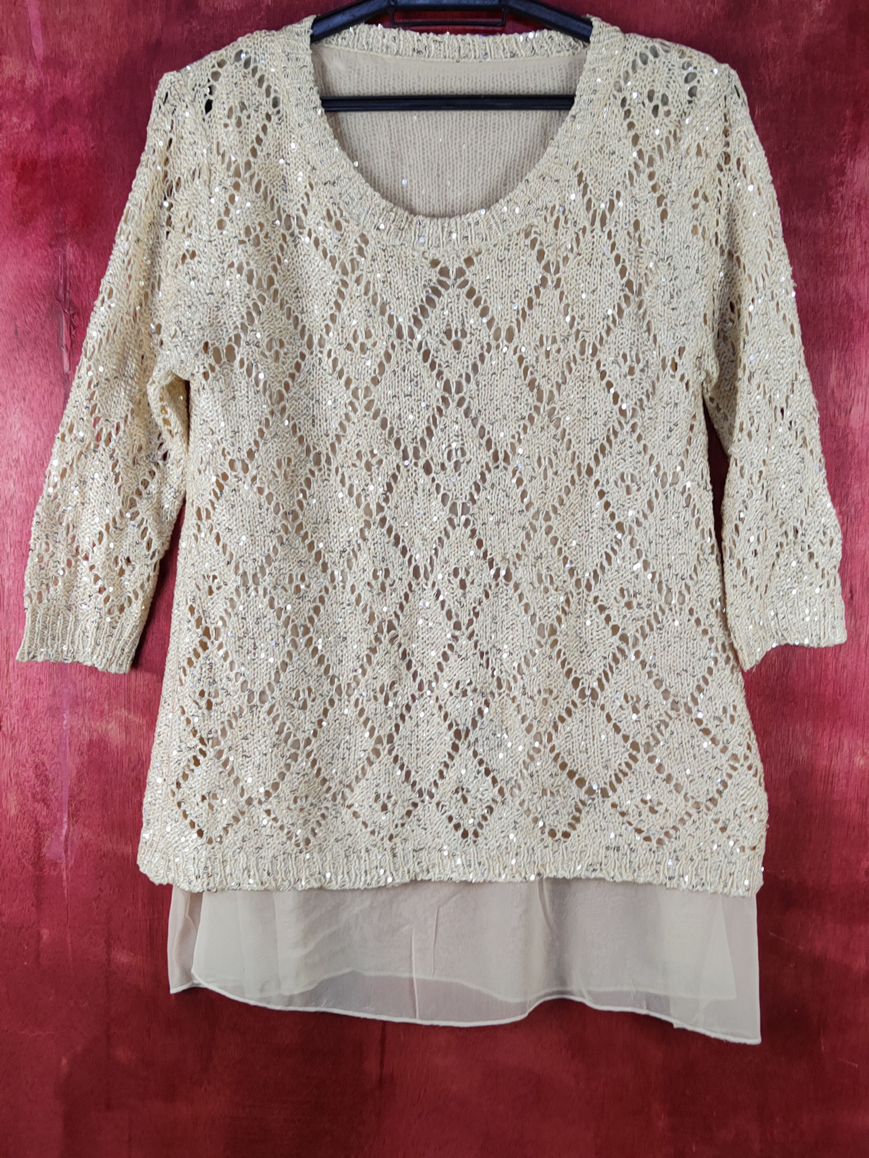 Homespun Knitwear Japanese Brand Cream Crochet Meshnet Knit Blouses #S1010 Size S / US 4 / IT 40 - 1 Thumbnail