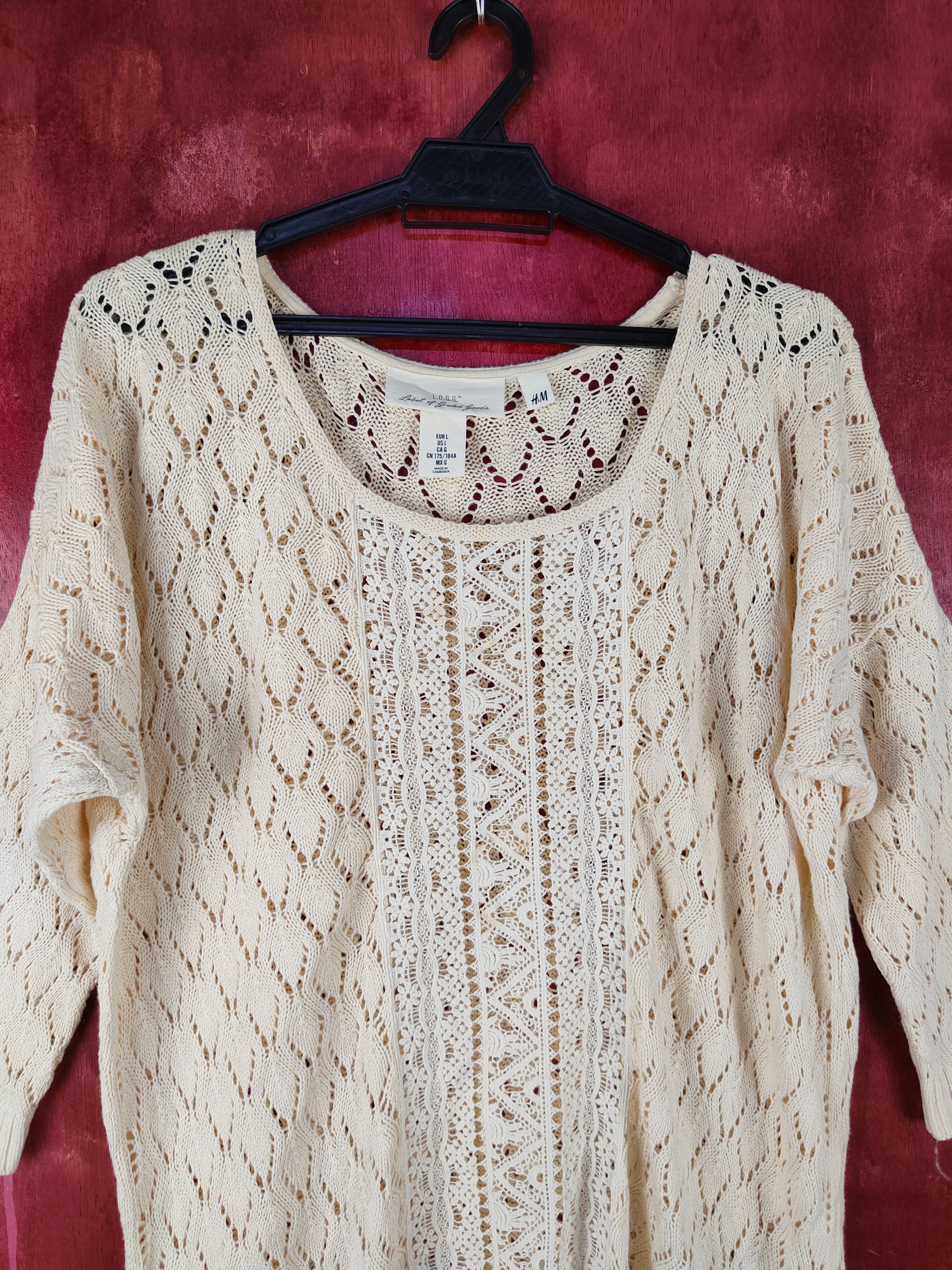 H&M L.O.G.G-H&M Beige Crochet Meshnet Knitwear shirt #S1035 Size L / US 10 / IT 46 - 2 Thumbnail
