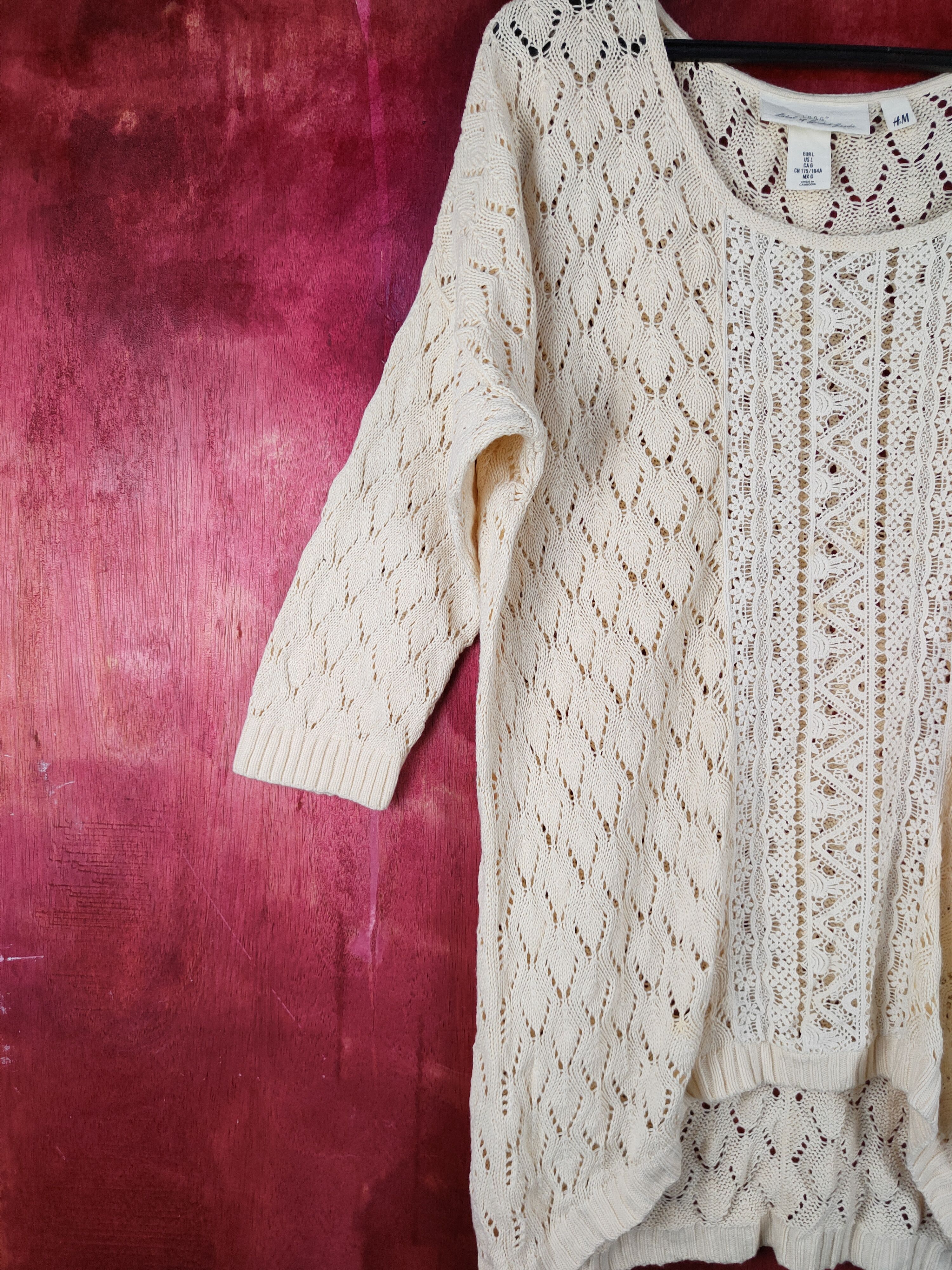 H&M L.O.G.G-H&M Beige Crochet Meshnet Knitwear shirt #S1035 Size L / US 10 / IT 46 - 4 Thumbnail