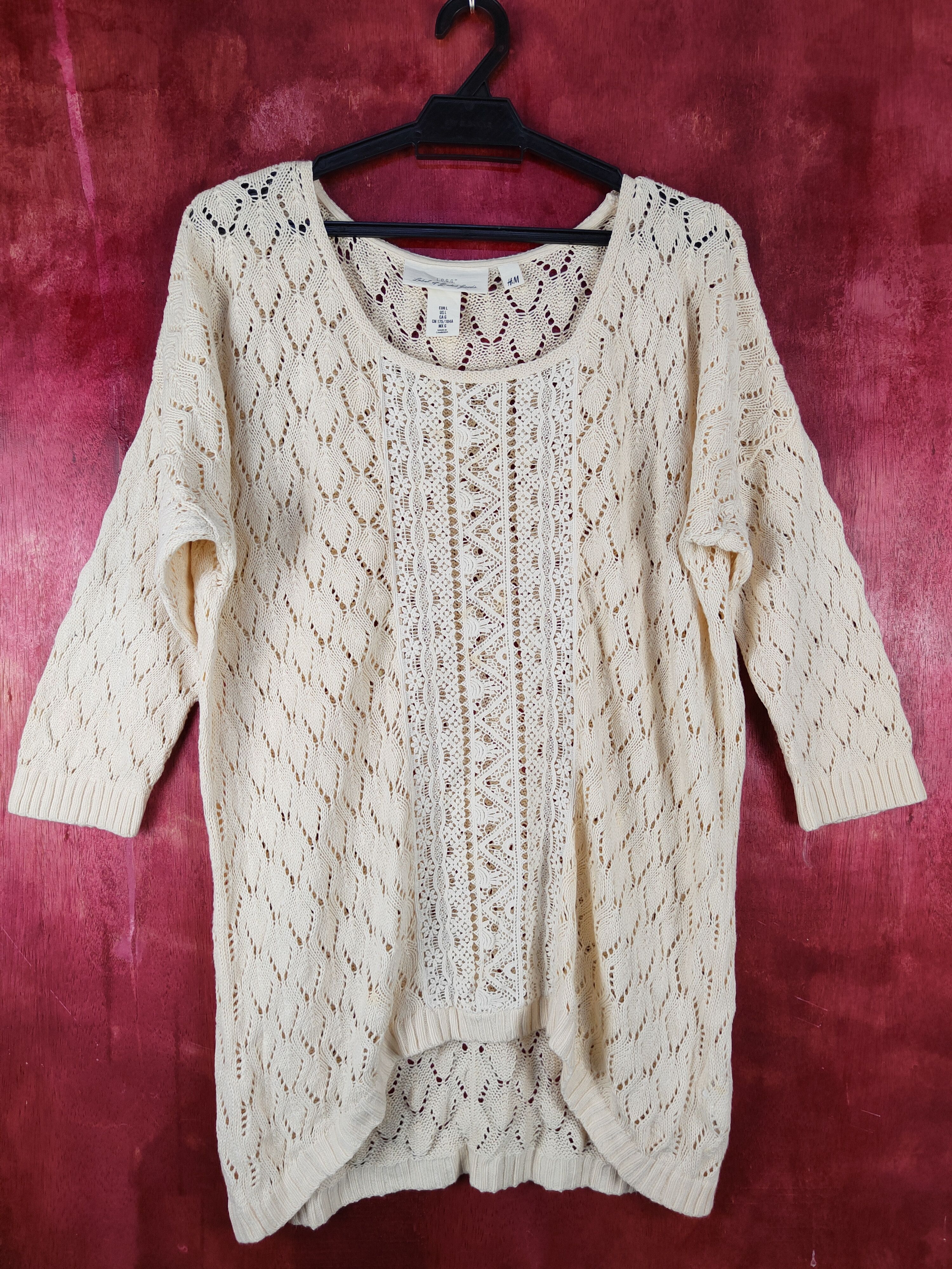 H&M L.O.G.G-H&M Beige Crochet Meshnet Knitwear shirt #S1035 Size L / US 10 / IT 46 - 1 Thumbnail
