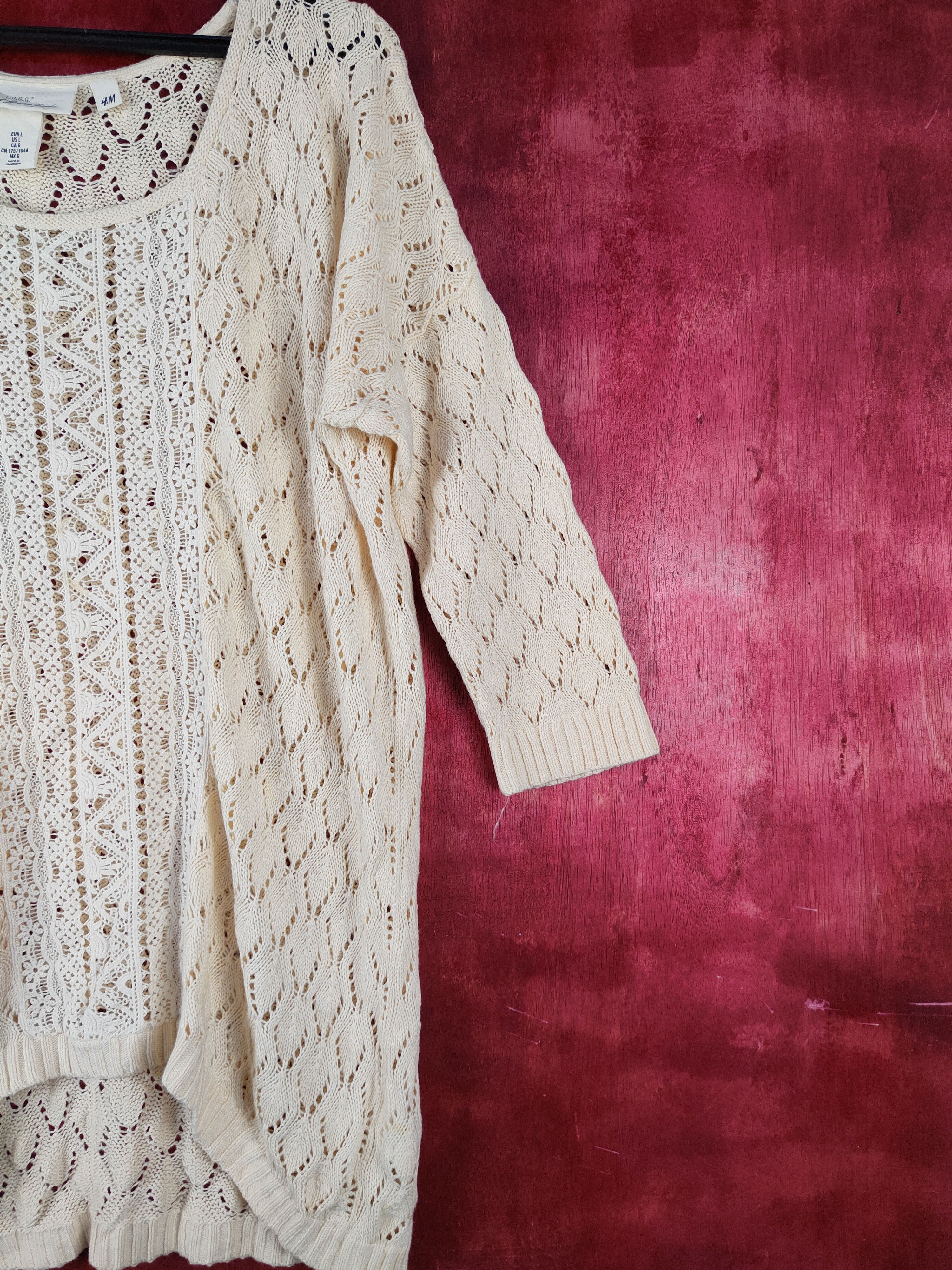 H&M L.O.G.G-H&M Beige Crochet Meshnet Knitwear shirt #S1035 Size L / US 10 / IT 46 - 5 Thumbnail
