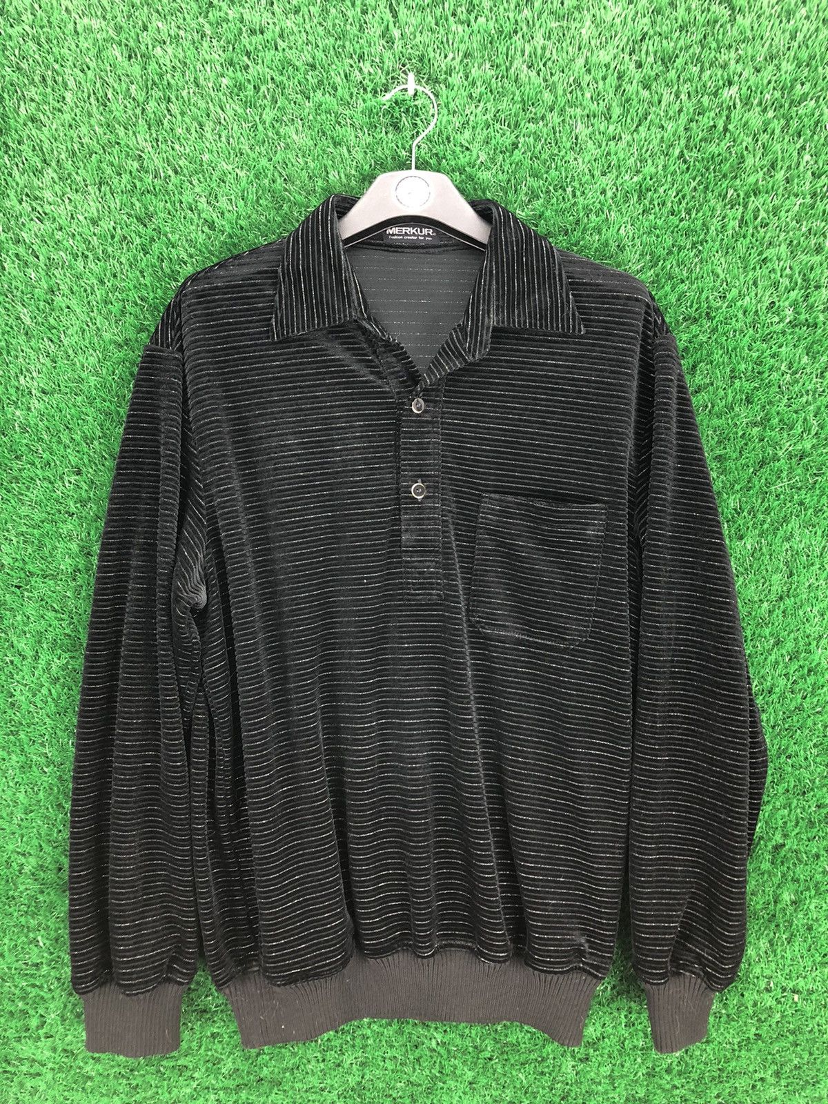 Japanese Brand Vintage 80's Velvet Striped Polo Shirts by Merkur Size US XL / EU 56 / 4 - 1 Thumbnail