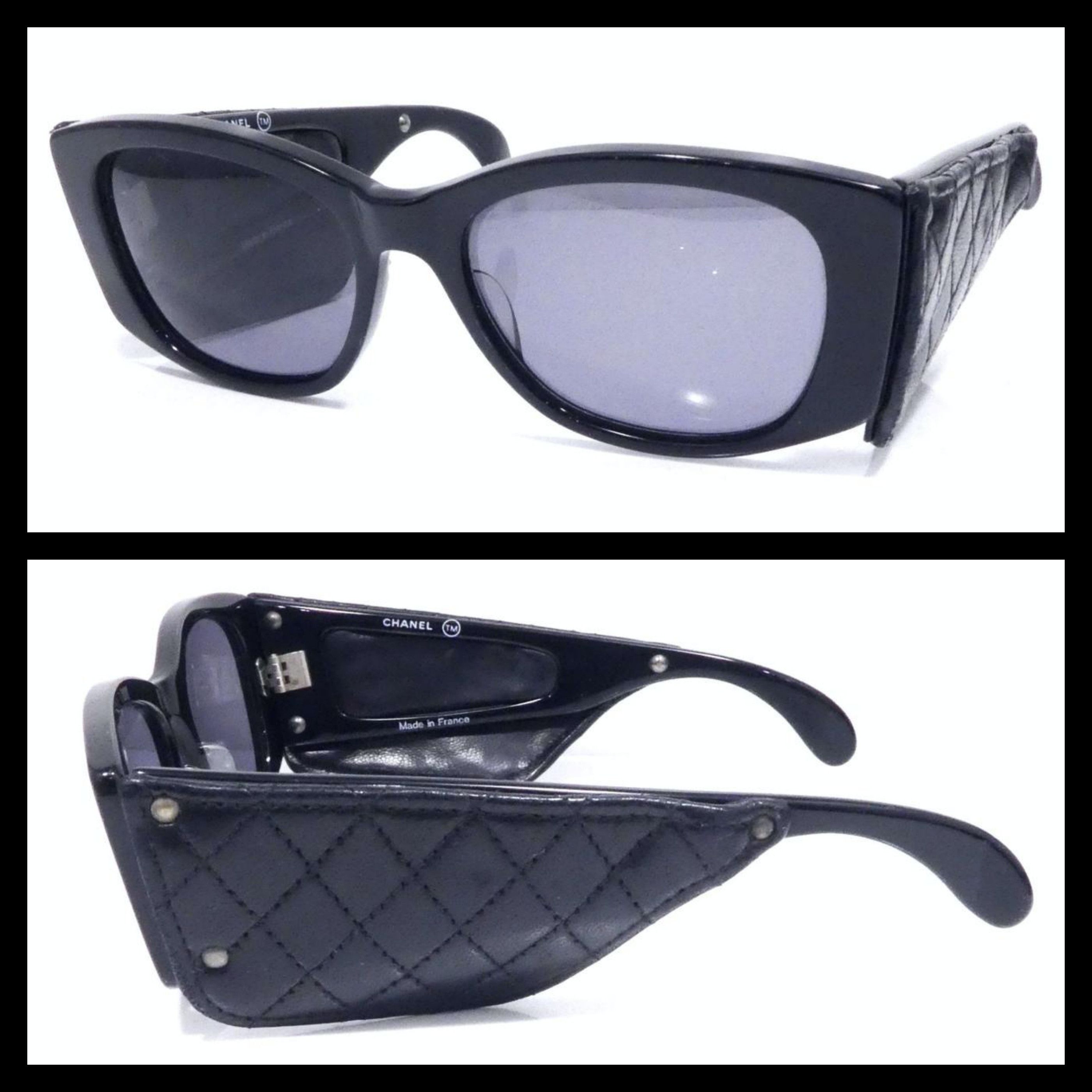image of Chanel 1988 Leather Vintage Sunglasses in Black, Women's