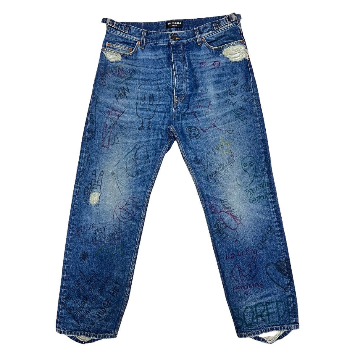 image of Balenciaga 22Aw Scribble Graffiti Distressed Jeans in Indigo, Men's (Size 32)