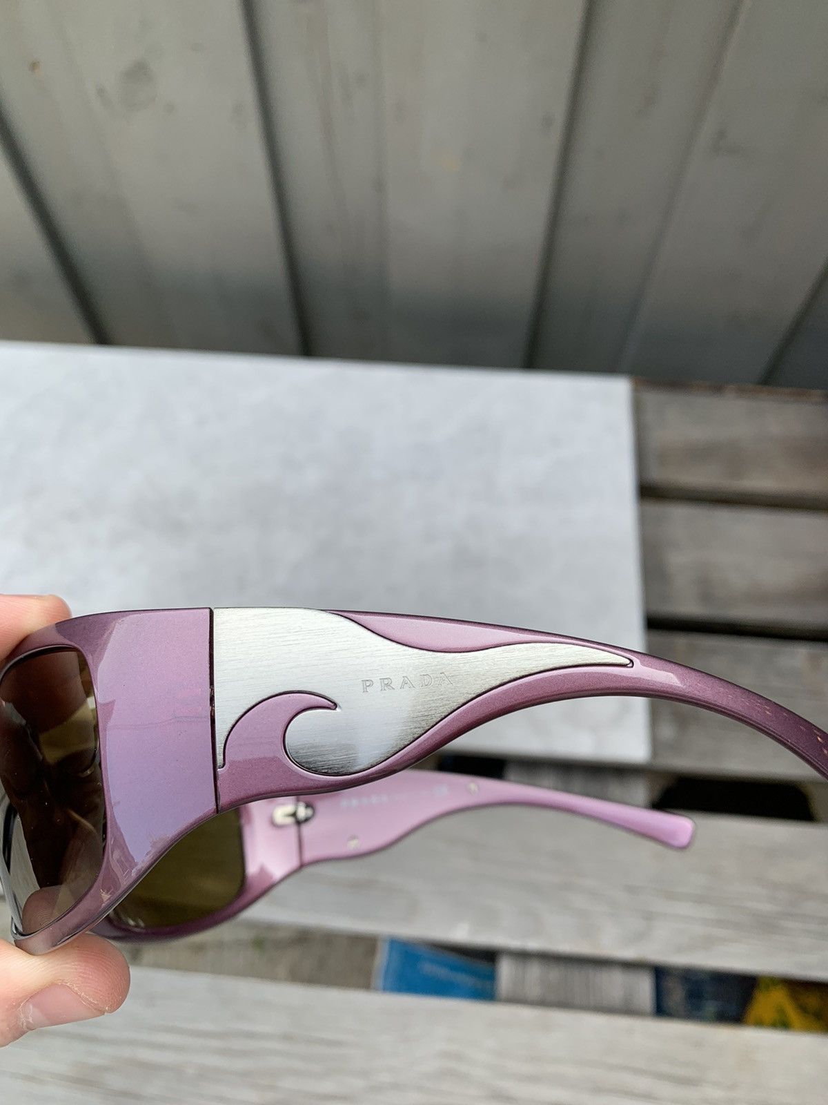 Prada × Vintage Plum Prada Tribal Wave Wrap Sunglasses Chrome Flame 2000s Y2 Size ONE SIZE - 7 Thumbnail