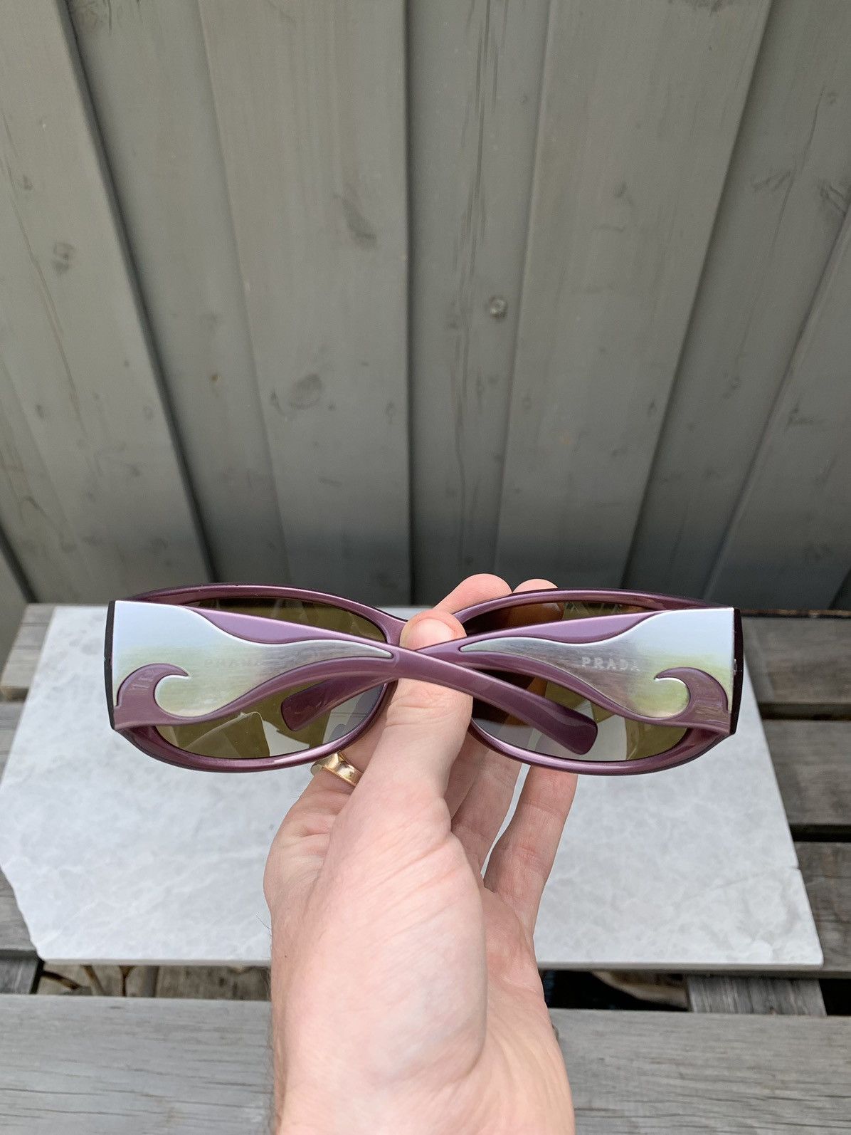Prada × Vintage Plum Prada Tribal Wave Wrap Sunglasses Chrome Flame 2000s Y2 Size ONE SIZE - 3 Thumbnail