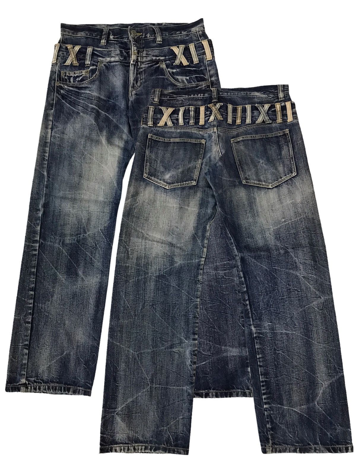 Image of Distressed Denim x Le Grande Bleu L G B Double Waist Washed Blue Denim (Size 33)