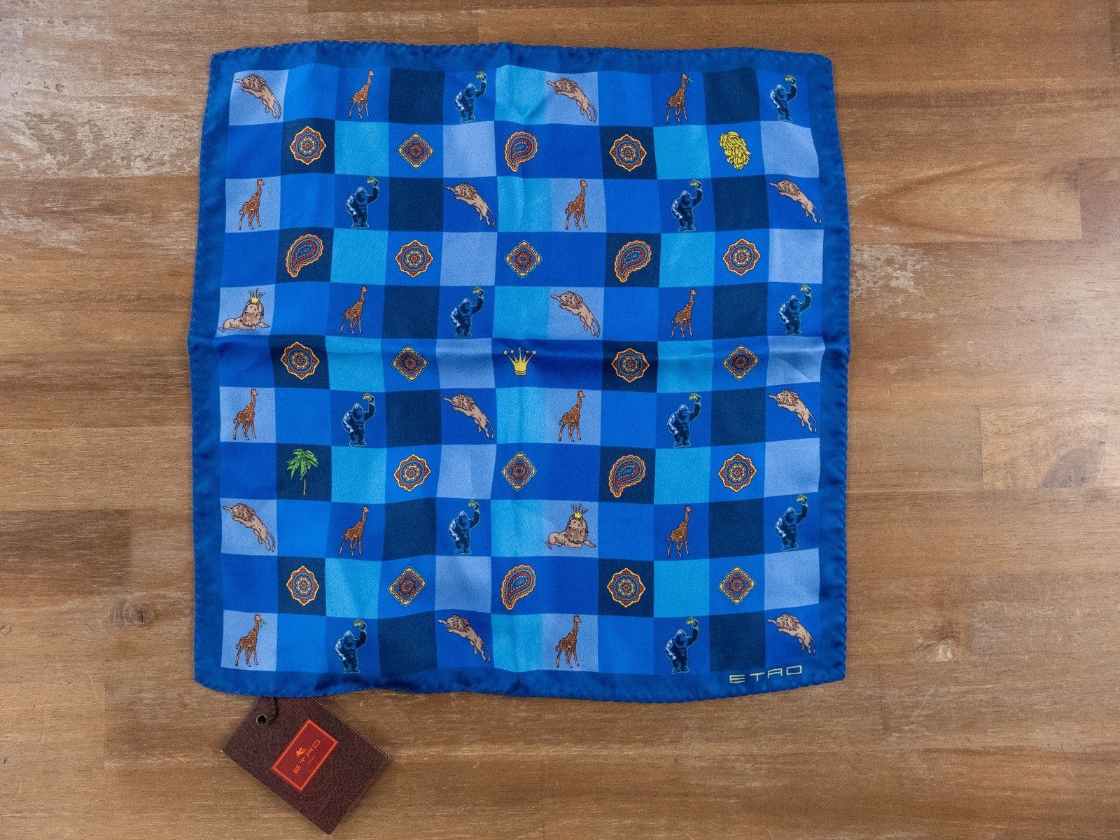 ETRO blue paisley and animal print silk pocket square NWT