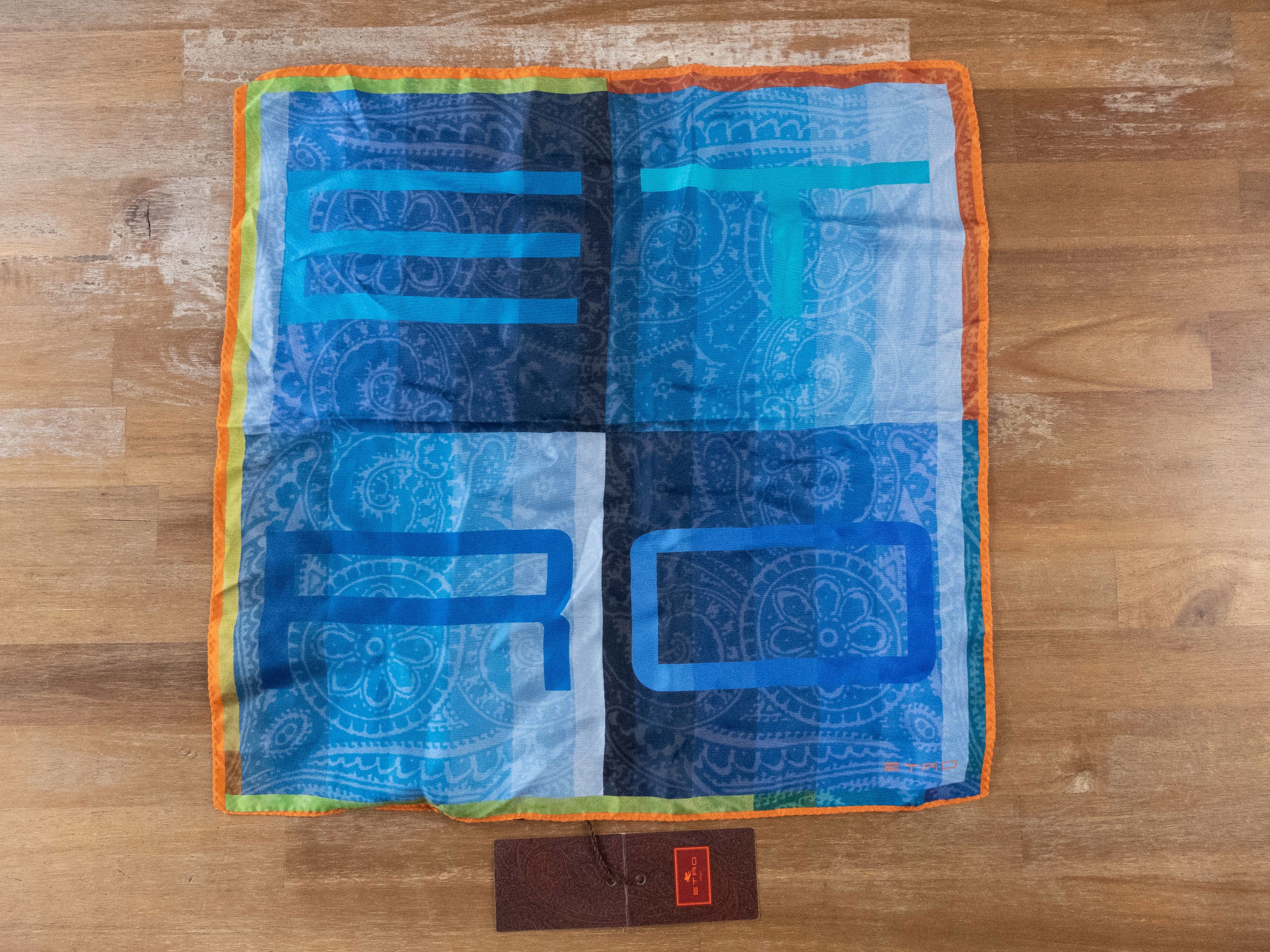 Etro ETRO Milano blue lettering paisley print silk pocket square Size ONE SIZE - 1 Thumbnail