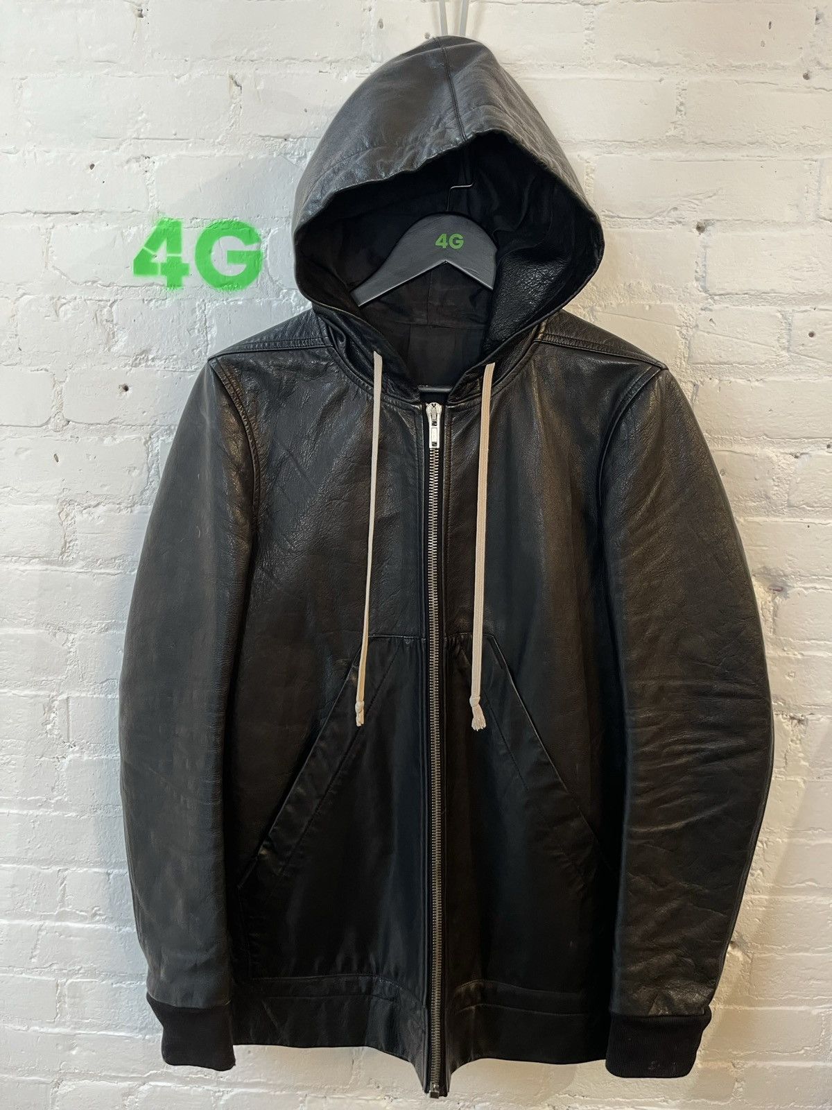 image of Rick Owens Leather Black Hoodie Jacket Eu50, Men's (Size Medium)