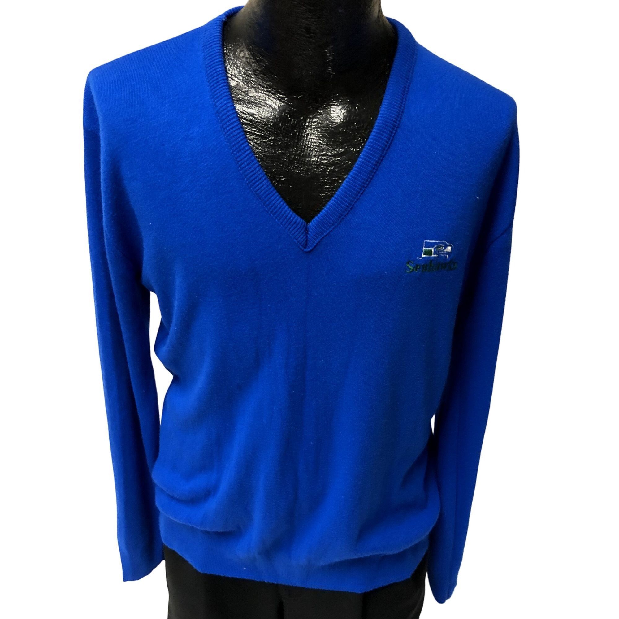 80s Seattle Seahawks Blue V Neck Jumper NFL Football Sweater