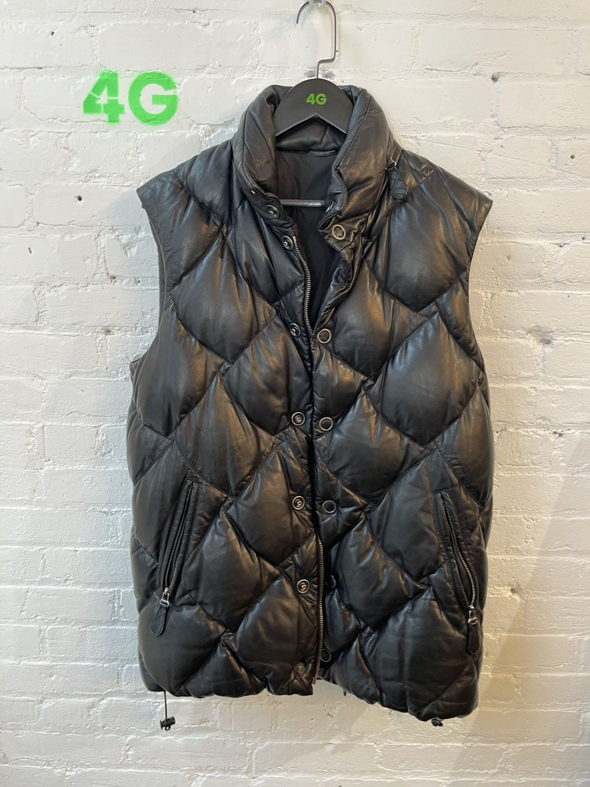 image of Bottega Veneta Bottega Black Leather Quilted Puffer Jacket Vest Xl, Men's