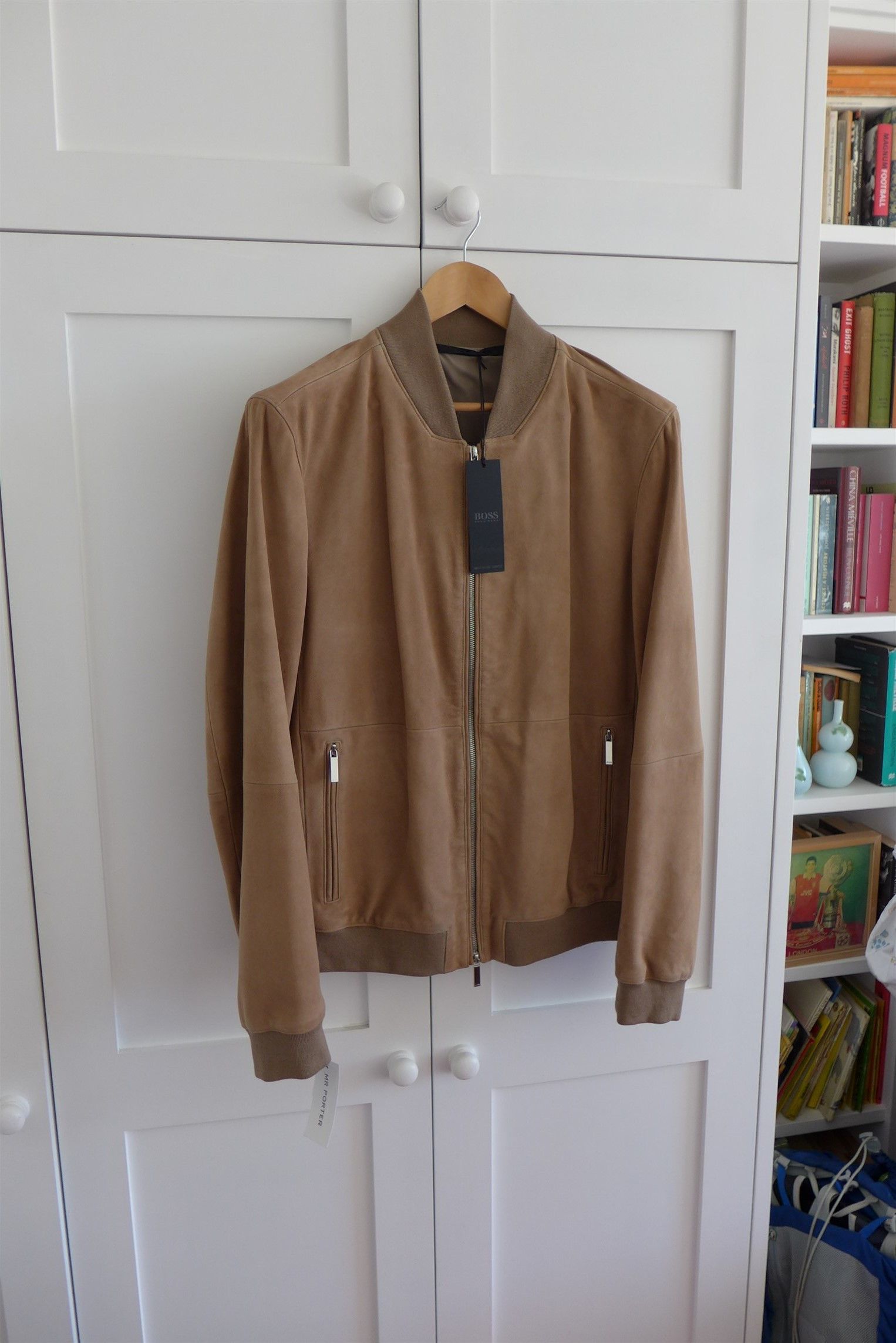 image of Hugo Boss Alfondo Bomber Jacket - Tan Suede, Men's (Size Large)