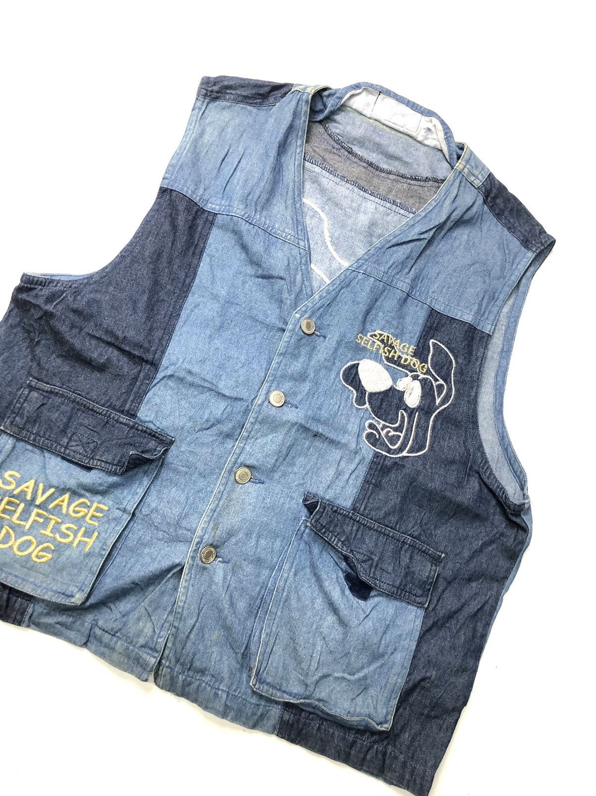 Japanese Brand VINTAGE SAVAGE SELFISH DOG PATCH WORK EMBROIDERY DENIM VEST Size US M / EU 48-50 / 2 - 3 Thumbnail