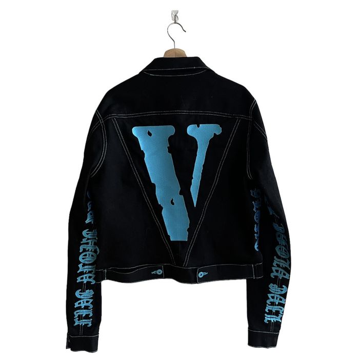 Blue black jean jacket got vlone on it hotsell