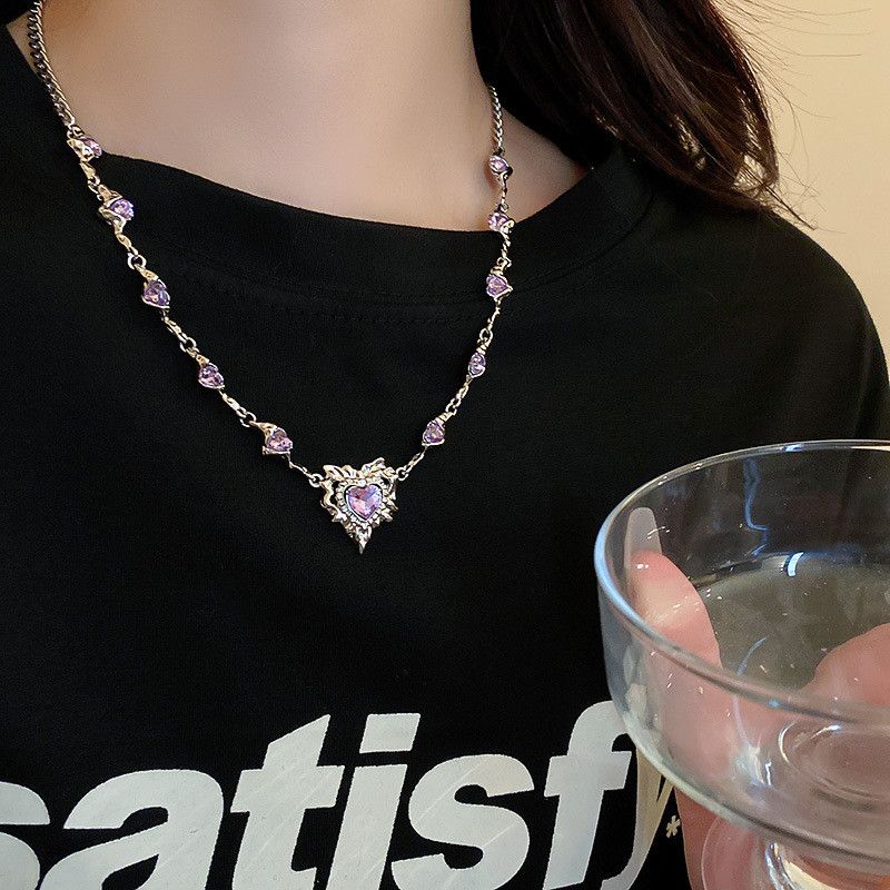 Jewelry Purple Heart Zircon Tassel Chain Necklace Size ONE SIZE - 2 Thumbnail
