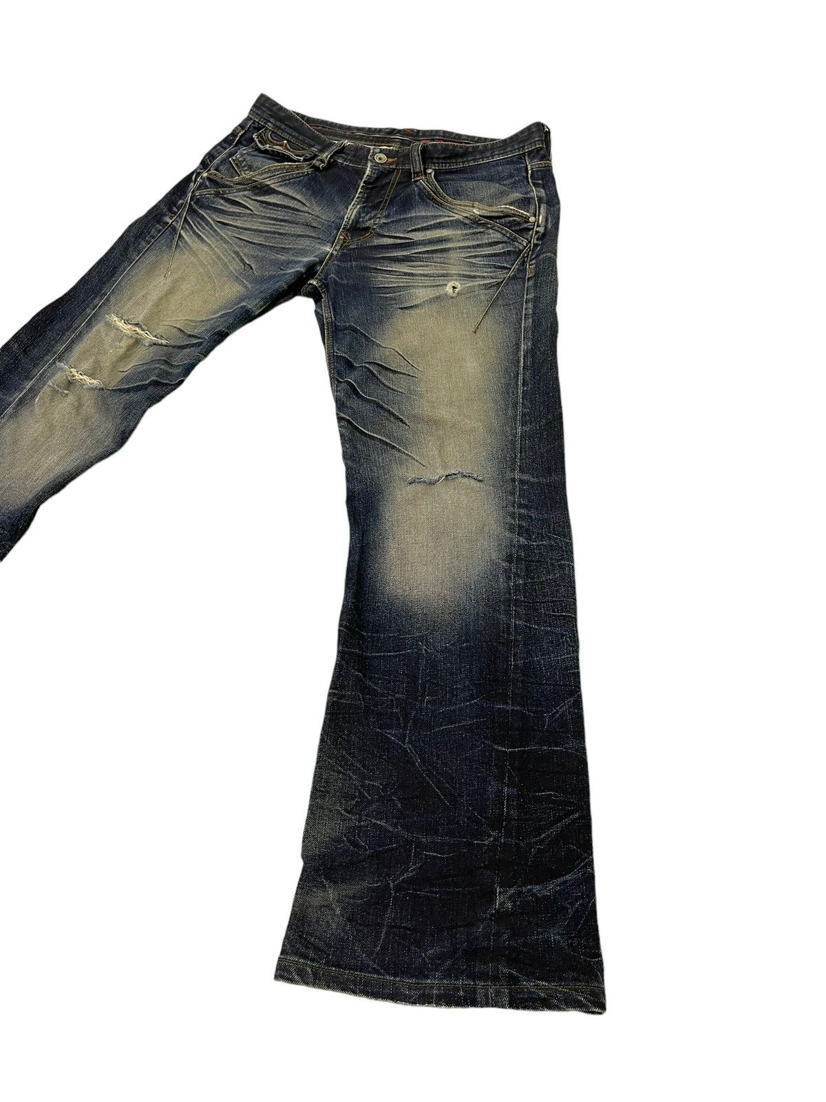 Japanese Brand Flare Jeans Nicole Club Distress Denim Acid Wash Stretch 5🟦 Size US 35 - 3 Thumbnail