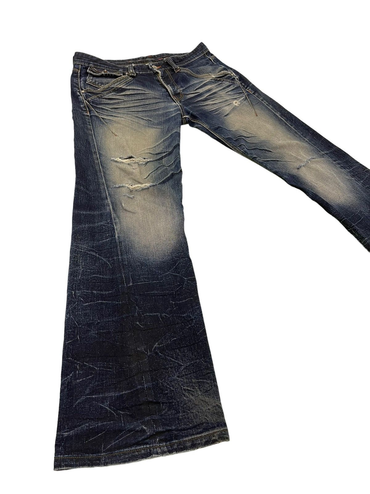 image of Hype Flare Jeans Nicole Club Distress Denim Acid Wash Stretch 5 in Dark Blue Wash, Men's (Size 35)