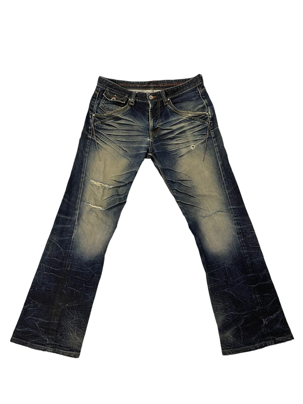 Japanese Brand Flare Jeans Nicole Club Distress Denim Acid Wash Stretch 5🟦 Size US 35 - 2 Thumbnail