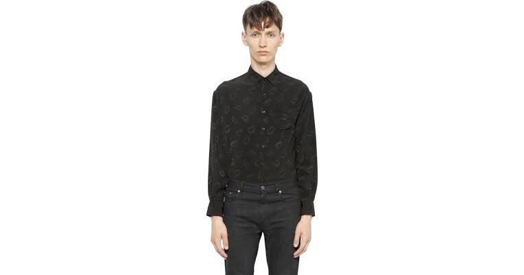 image of Saint Laurent Paris Saint Laurent Black Lips Viscose Silk Jacquard Shirt, Men's (Size Medium)