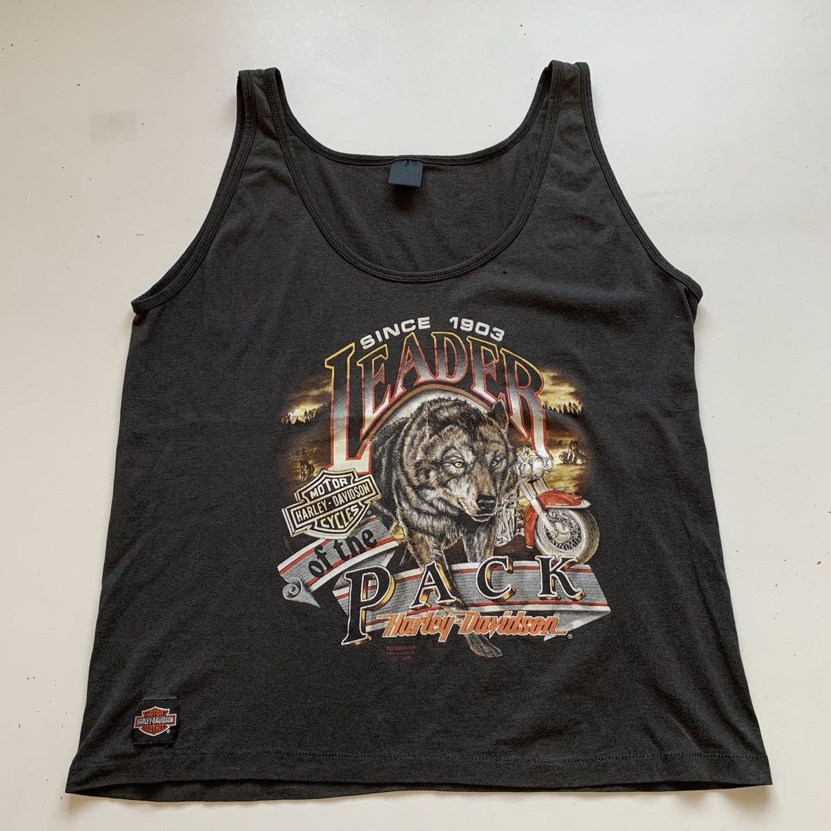 Image of Vintage 90's Harley Davidson Wolf Graphic 3D Emblem Tank Top in Black, Men's (Size XL)