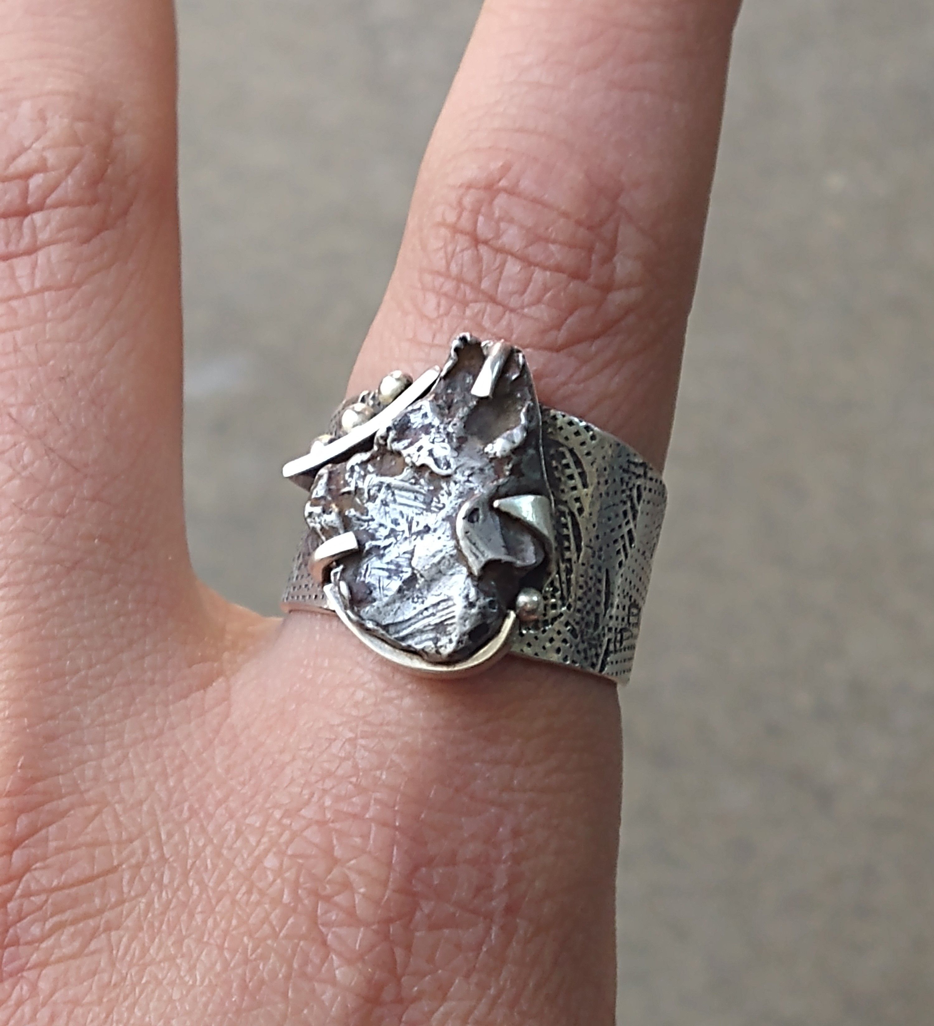 Jewelry × Vintage Sterling Silver Ring Size 12 Meteorite Modern Abstract Size ONE SIZE - 14 Thumbnail