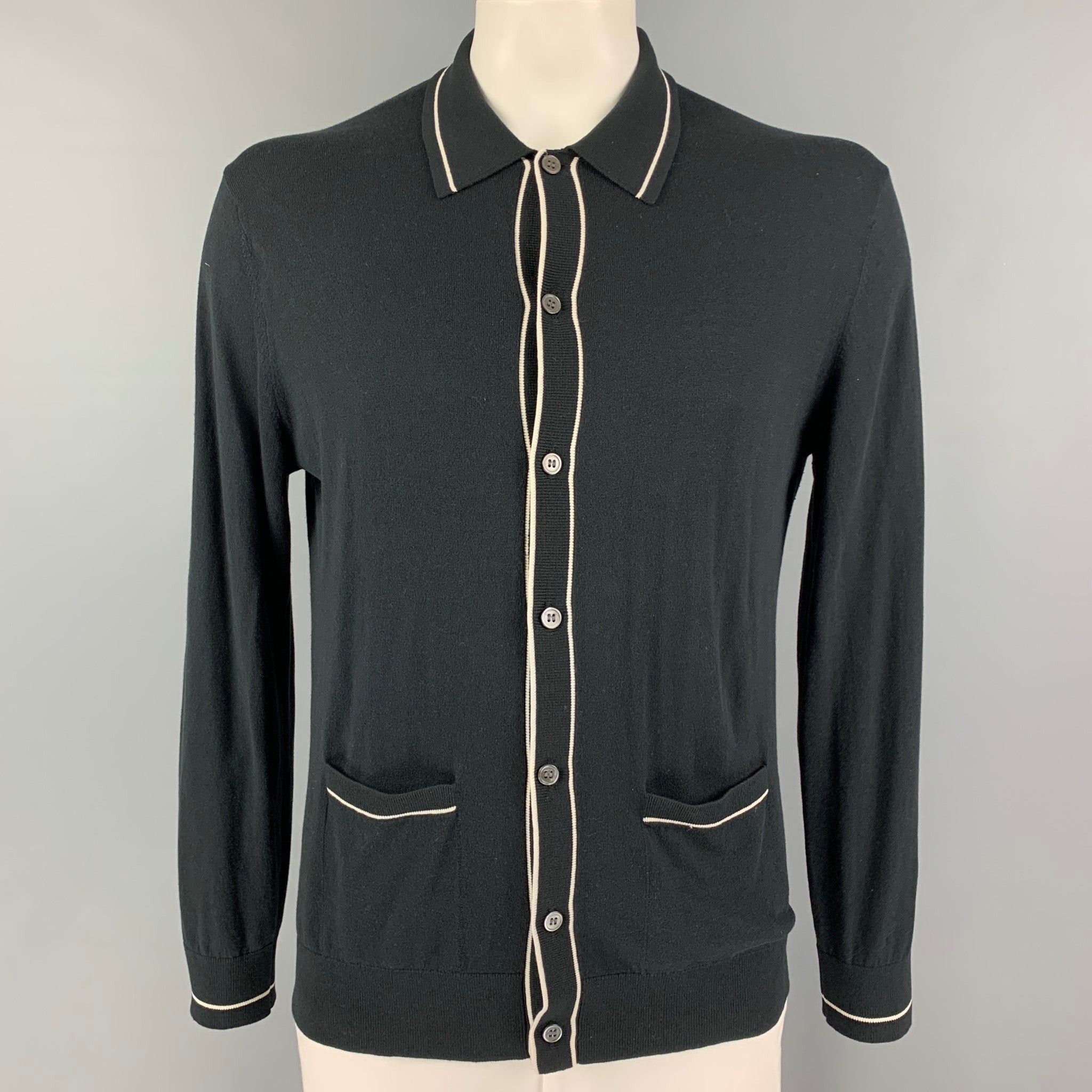 image of Todd Snyder Navy White Silk Cotton Buttoned Cardigan, Men's (Size Large)