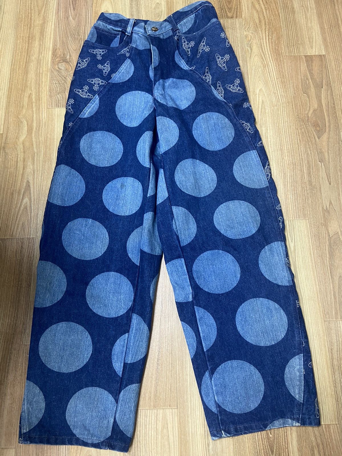 image of S Vivienne Westwood Vintage Orb Polkadot Denim Pants 80's 90's in Khaki, Men's (Size 26)